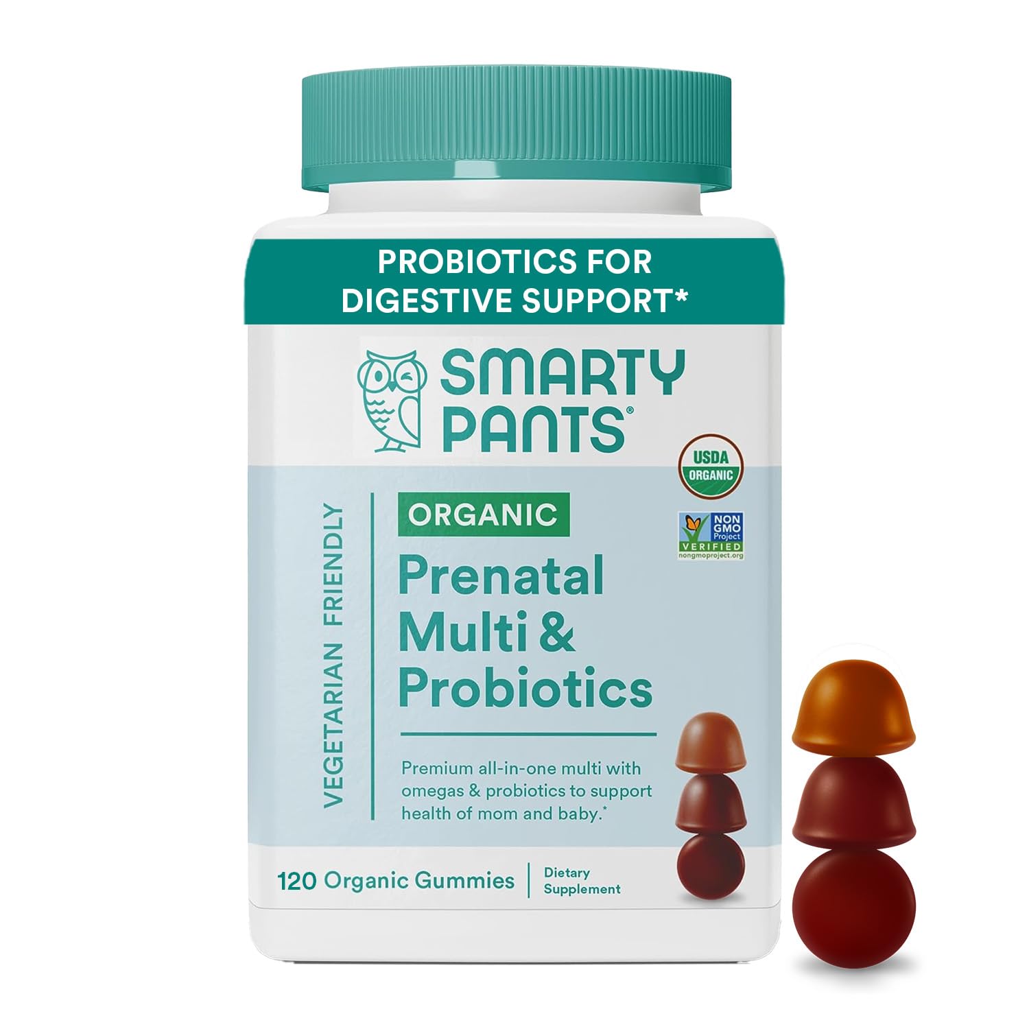 Daily Organic Gummy Prenatal Multivitamin:, Vitamin C, D3 & Zinc for Immunity, Biotin, Omega 3 Fish Oil, Selenium, B6, Methyl B12 for Energy by SmartyPants 120 Count (30 Day Supply) Packaging May Vary