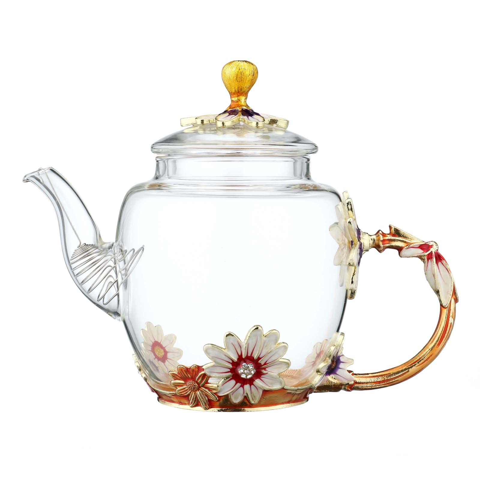 Teabloom Teapot Glass Blooming Tea Teapot for Women Blue Rose Floral Glass Teabloom Teapot with Gold for Mom Friend Christmas Birthday Anniversary, 2.44*4.72in (10.15oz/300ml Deep coffee color)