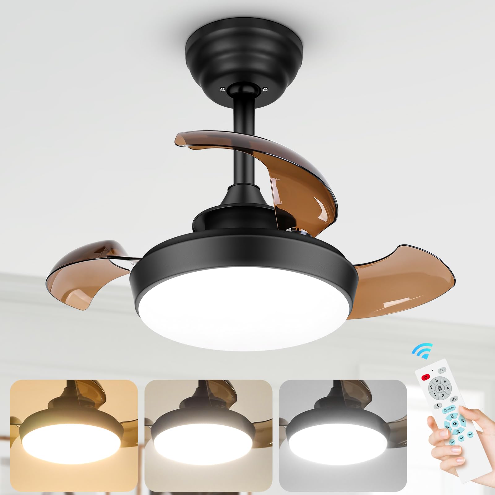 Ceiling Fans with Lights and Remote, 22 Inch Retractable Ceiling Fan with Lights, Low Profile Flush Mount Ceiling Fan with 3CCT, Dimmable Black Ceiling Fan for Bedroom Living Room Kitchen Office