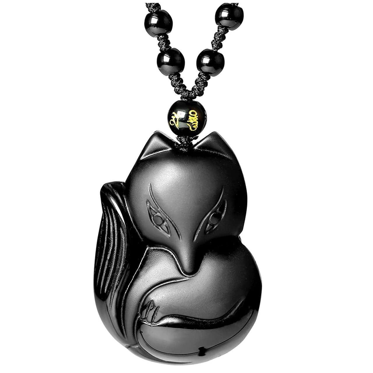 Top PlazaNatural Black Obsidian Healing Crystal Necklaces Fox Talisman Buddha Mala Prayer Pendant Necklace