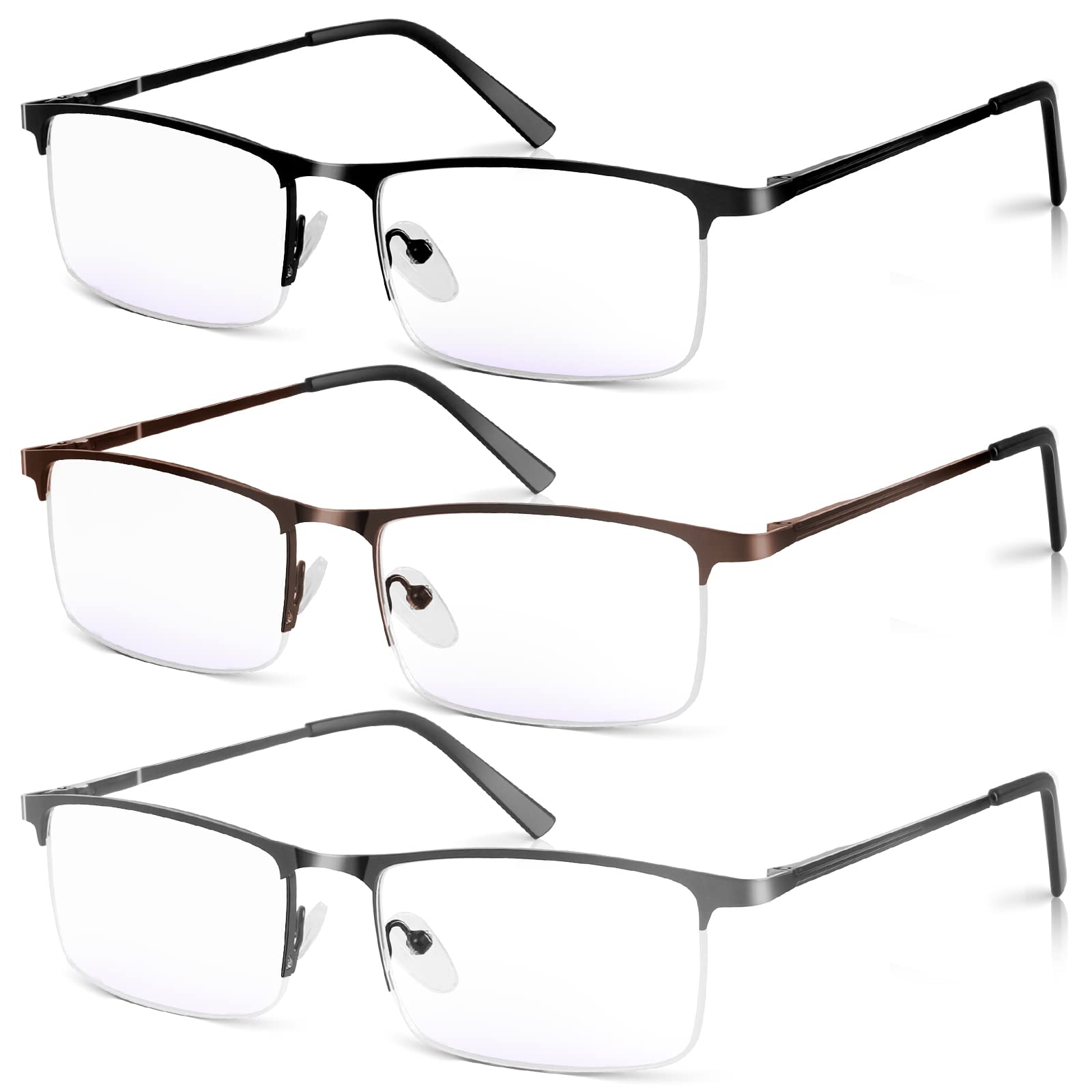 3 Pack Blue Light Blocking Reading Glasses for Men, Stylish Half Frame Metal Computer Readers, Lightweight Spring Hinge Eyeglasses Anti Eyestrain/Glare/UV (Mix Color, Black+Grey+Brown, 2.75)