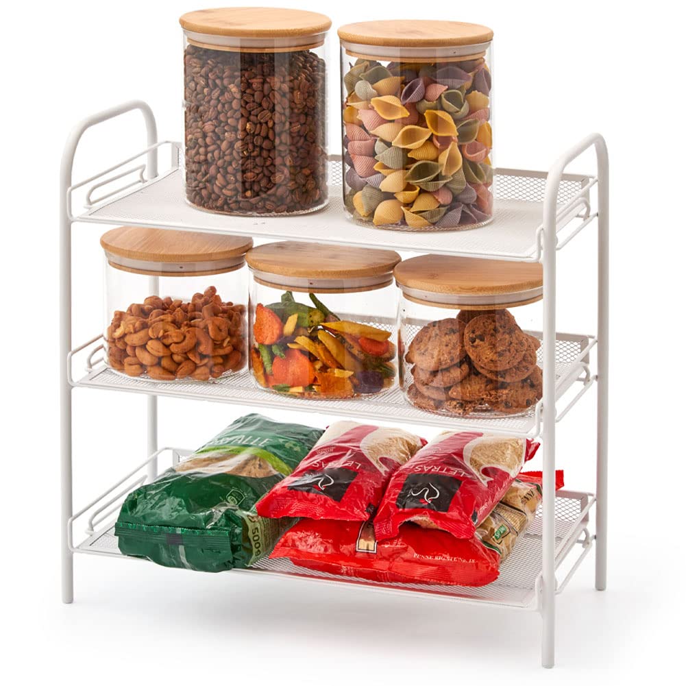 EZOWare 3-Tier Free-Standing Mesh Large Countertop Organiser Rack, Tops Storage Space Solution for Kitchenware, Bathroom, Cans Foods, Spice, Office or More - White