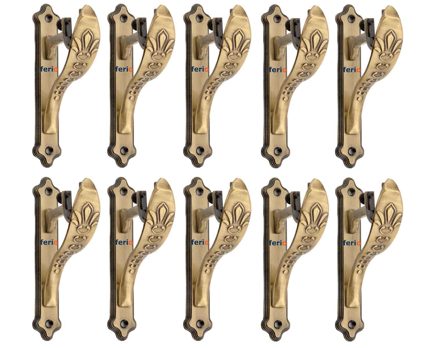 Ferio Zinc Antique Brass Jaguar Designer Heavy Curtain Supports Holder for Door and Window Curtain Brackets Set for 1 Inch Rod (Pack of 10 Pcs)