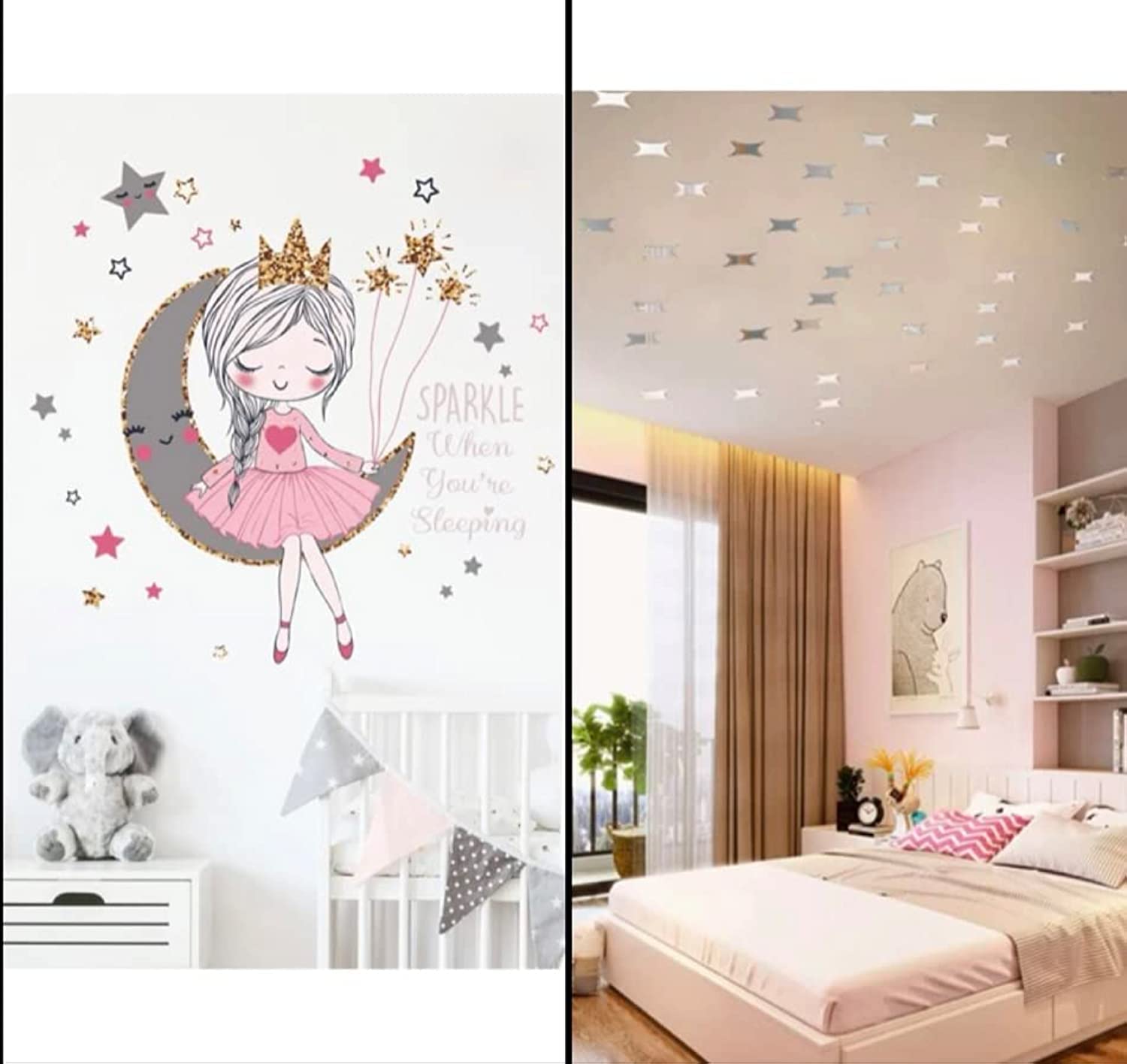 Colorful Lovely Wall Stickers for Kids free 50pc acrylic stars Peel and Stick Removable Wall Decals DIY Decorations Decor for Nursery Baby Girls Bedroom Playroom Living Room (Girl Sitting On The Moon)