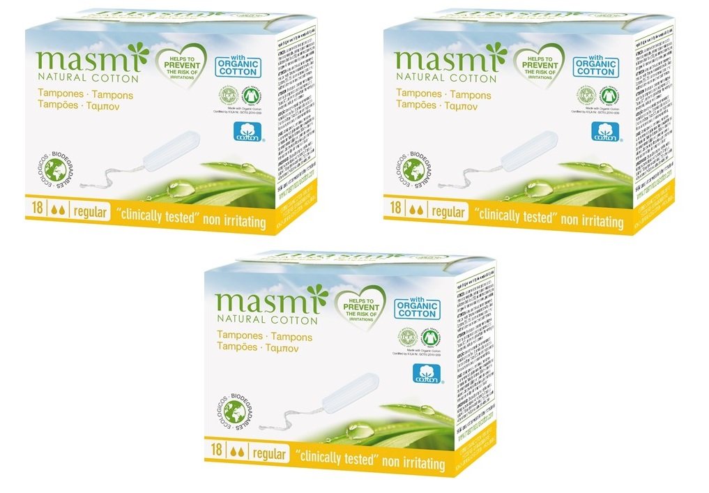 3 x18 Masmi Regular Tampons Organic Cotton Non Applicator, Plastic Free, Hypoallergenic, Biodegradable, Perfume, Viscose, Rayon, Chlorine and Dioxin Free (Triple Pack)