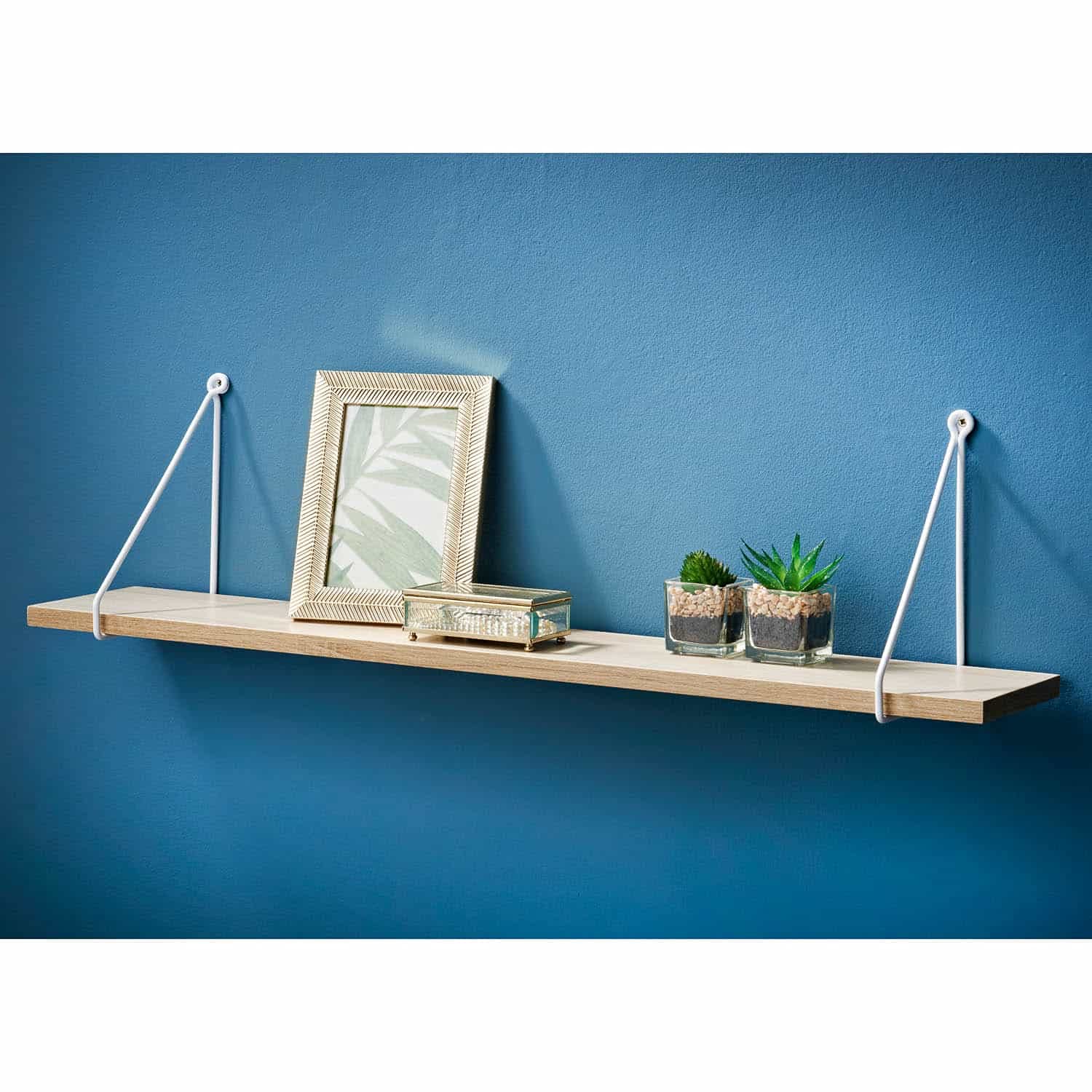 spot on dealz® Metal Wall Hanging Wired Floating Smart Unique40/80cm Shelf Style Storage Decoration Bedroom, Living Room Easy to Assemble, Screws Included (80cm Oak/White Wire)