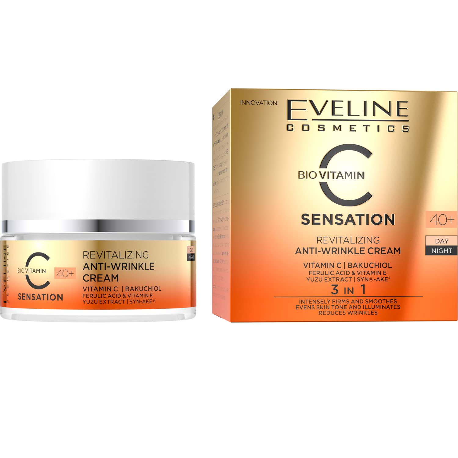 Eveline C Sensation Revitalizing Anti-Wrinkle Day&Night Cream 40+, كريم ايفلين فيتامين سي سينسيشن المضاد للتجاعيد المضاد للتجاعيد