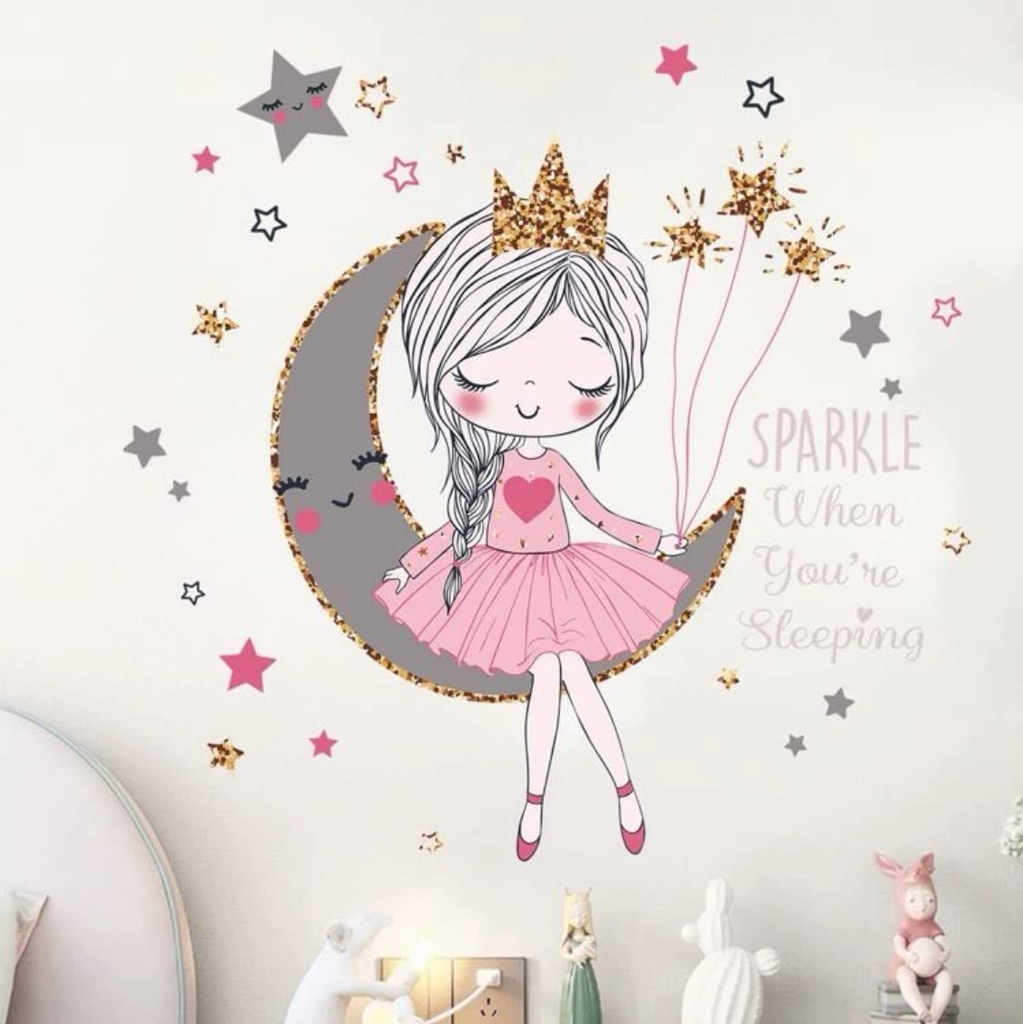 Moon Princess Girl Wall Stickers for Girls Room Bedroom Background Decor Removable Cartoon Wall Decals for Kids Rooms Decoration