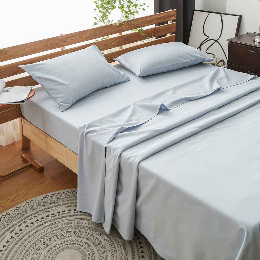 FULAN Light Blue 100% Cotton Light Blue Full Size Sheet Set, 4 Piece Set with Deep Pocket, Breathable & Cooling Bedding