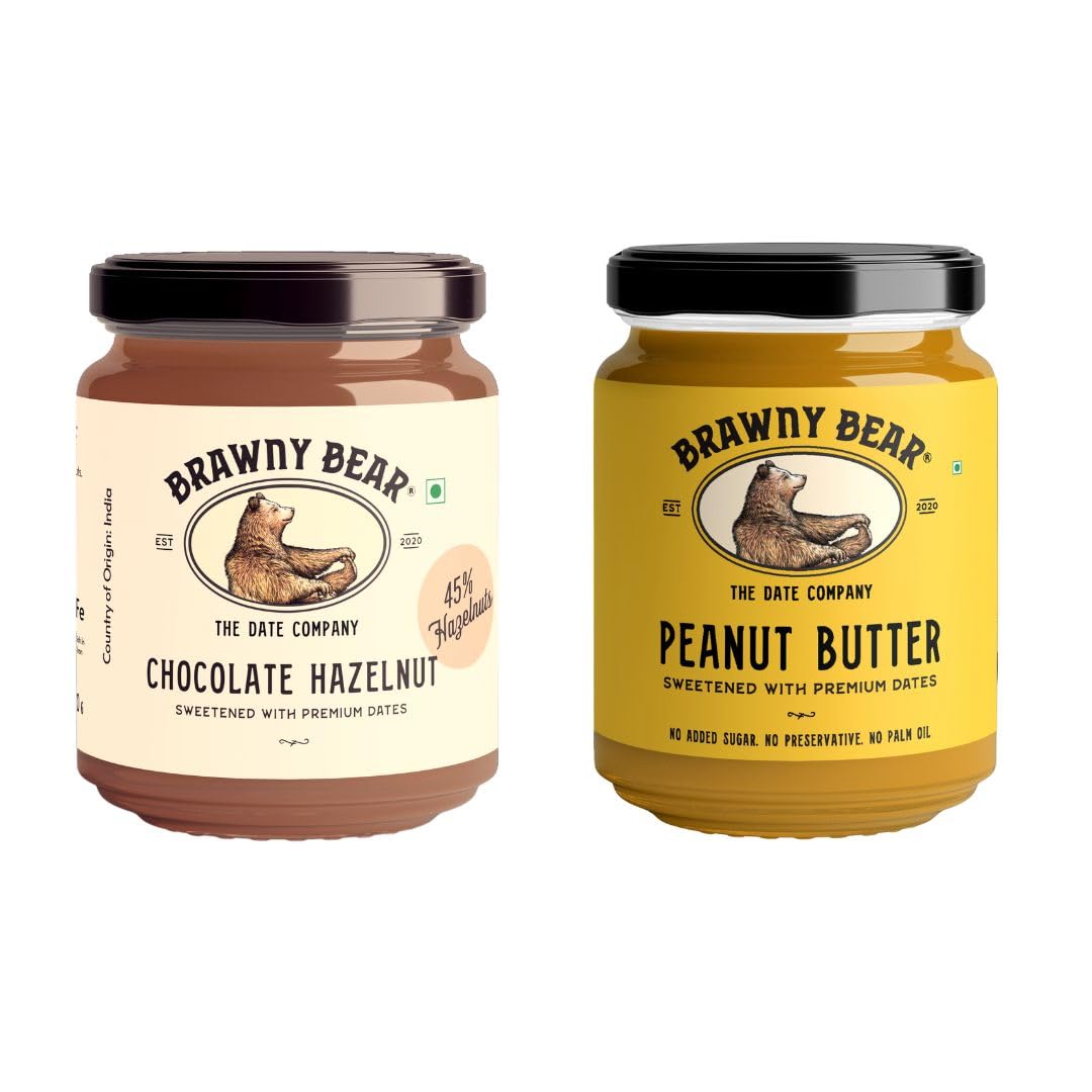 Brawny Bear Peanut Butter & Chocolate Hazelnut Spread with 45% Hazelnuts, 100% Natural Sweetened with Dates, Healthy, No Added Sugar & Preservative, No Palm Oil, Vegan, Pack of 2-400 g (200g each)