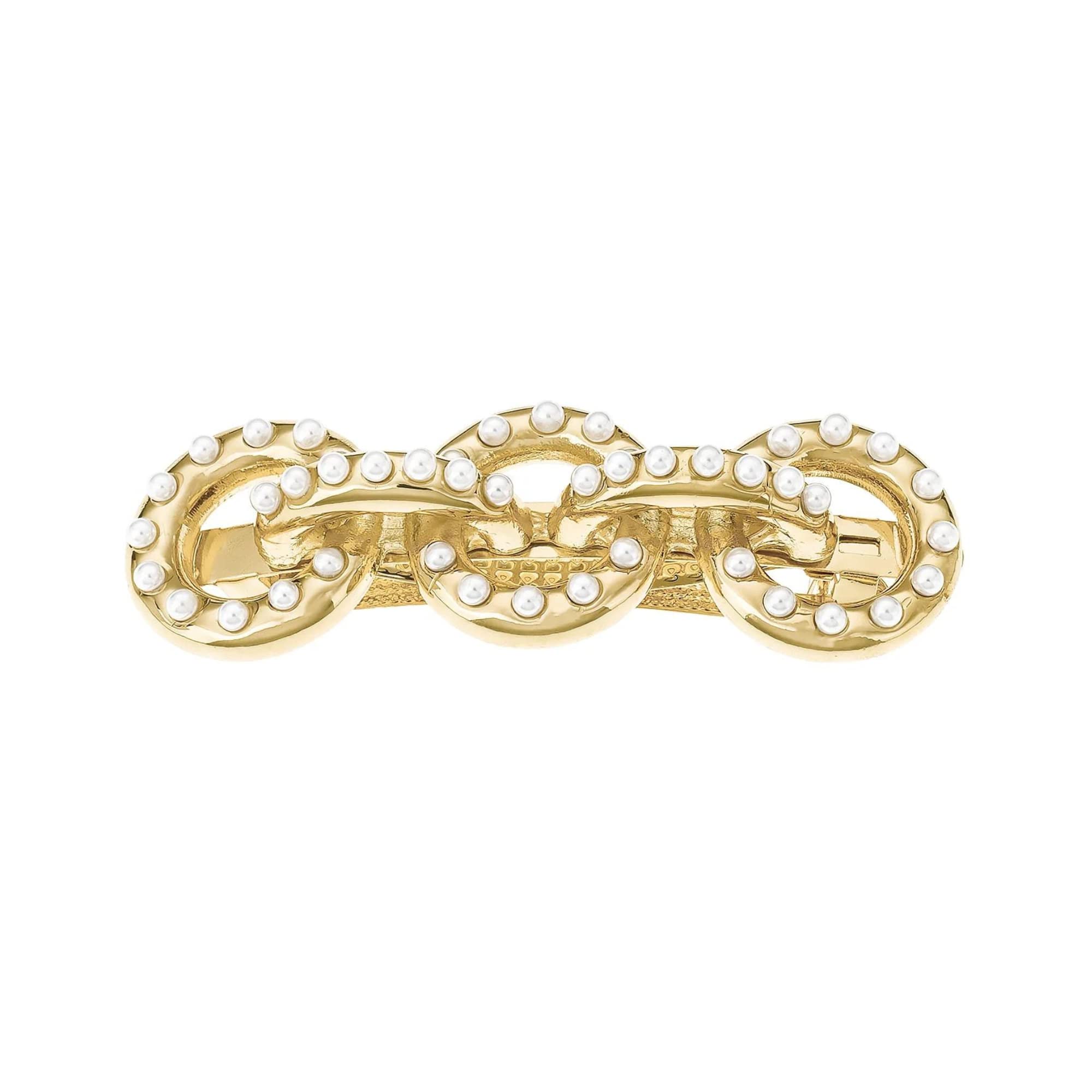 Ettika Gold Tone Plated Barrette for Women | Hair Accessory | Triple Disc Pearl Barrette in White and Gold Tone | Large Hair Barrette