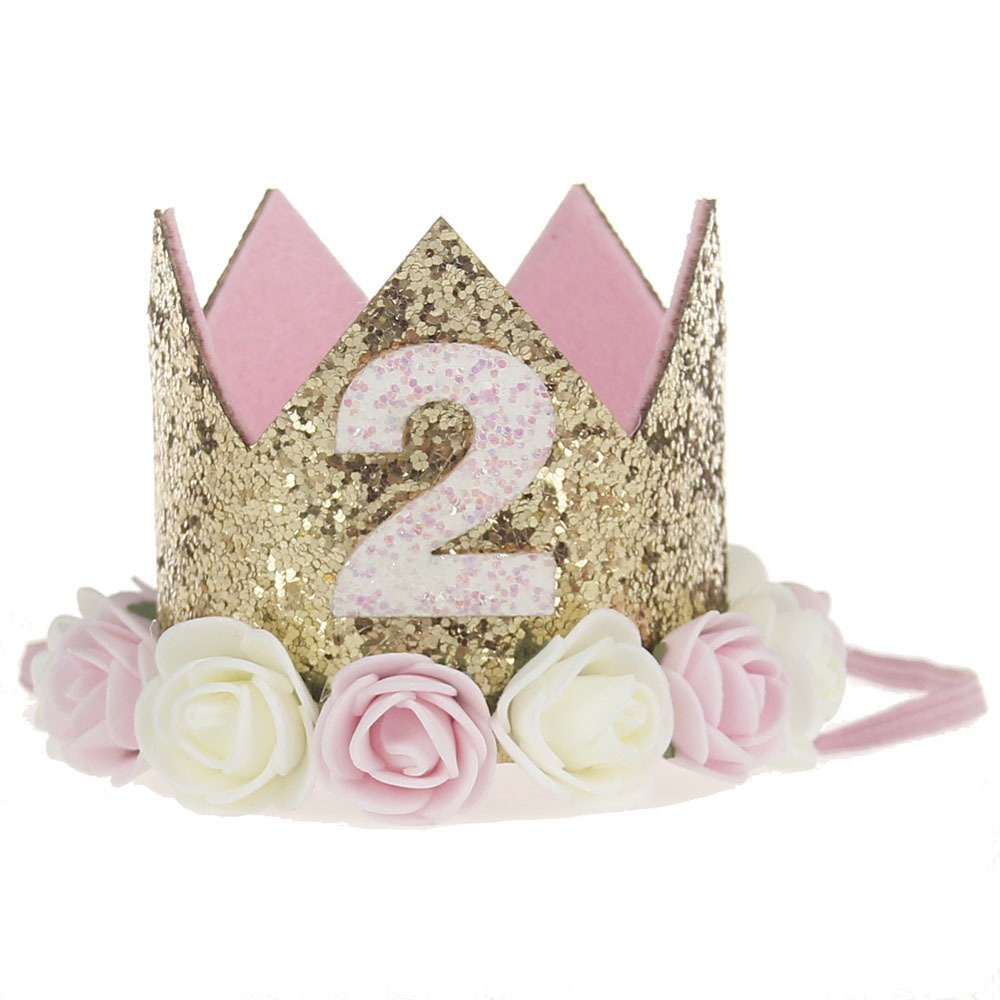 2nd Baby Birthday Crown Flower Tiara Headband 2 Year Old Birthday Party Hat Hairbands Princess Photo Props Birthday Decorations Baby Photography Gifts