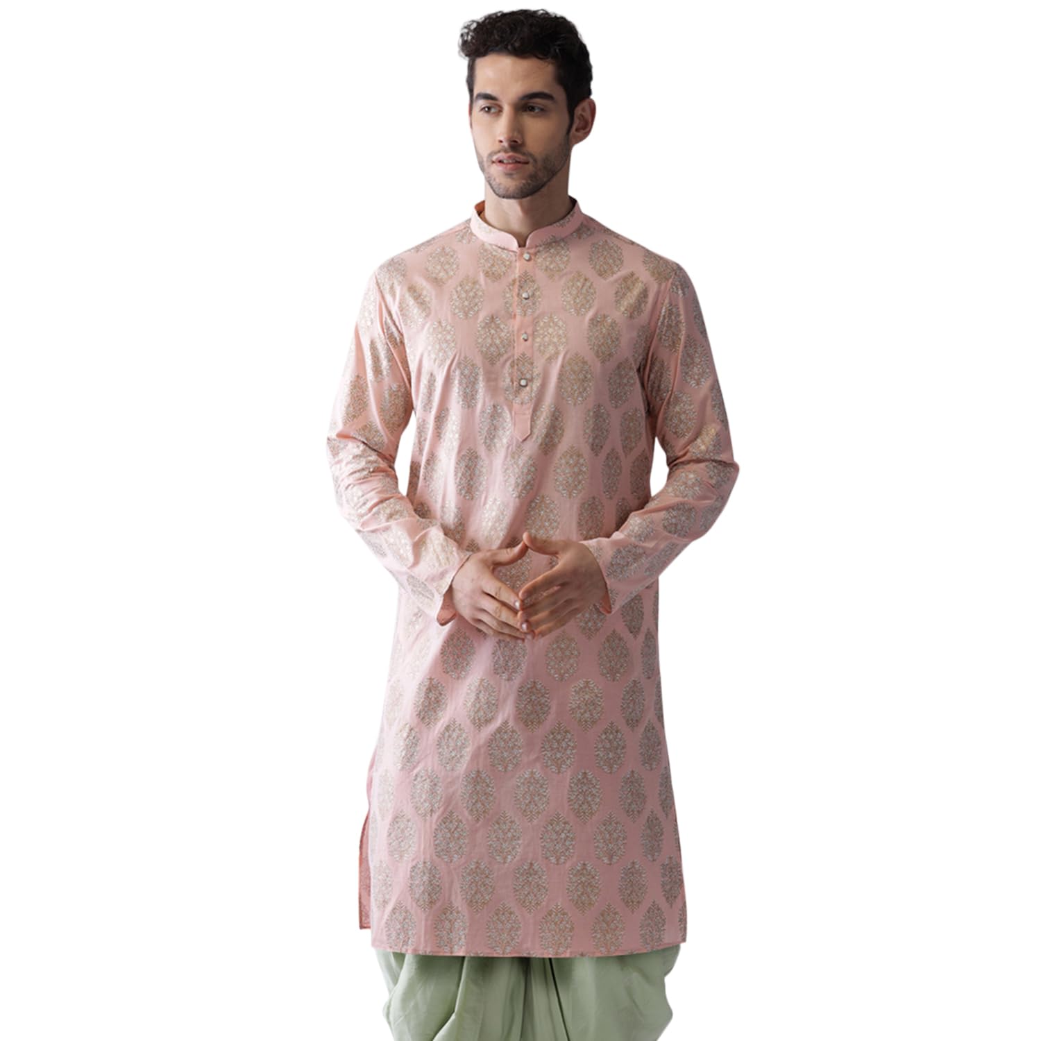 KISAH Men Blushing Peach Woven Design A-Line Kurta Full Sleaves, Knee Length, Straight, Regular Fit, Mandarin Collar Ethnic Casual wear