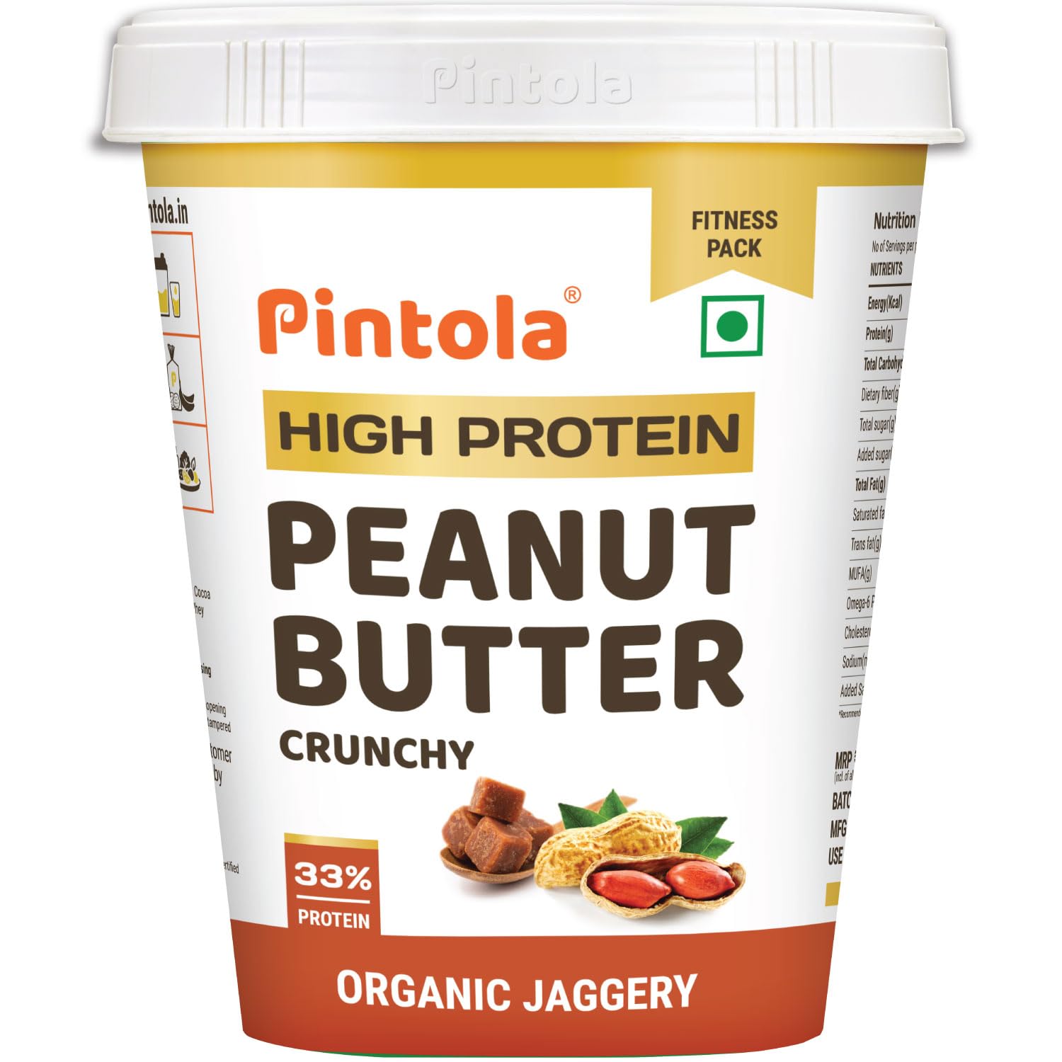 Pintola HIGH Protein ORGANIC JAGGERY Peanut Butter Crunchy 510g with 33g Protein & 7g Fiber, Whey Protein Peanut Butter, Vegan Gluten Free, Zero Added Salt, Cholesterol Free, 100% Roasted Peanuts