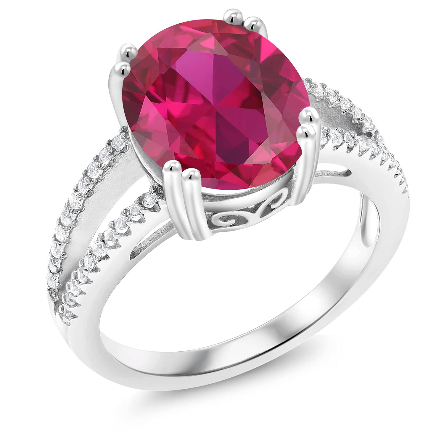 925 Sterling Silver Red Created Ruby Women Ring (5.48 Ct Oval)