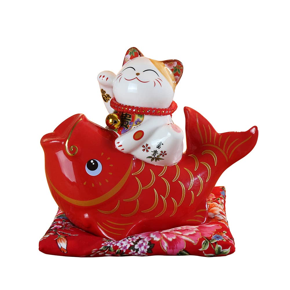 Chinese Feng Shui White Ceramic Lucky Cat Figure Maneki Neko Fortune Cat Money Box Lucky Charm Piggy Bank Cat and Fish,Red