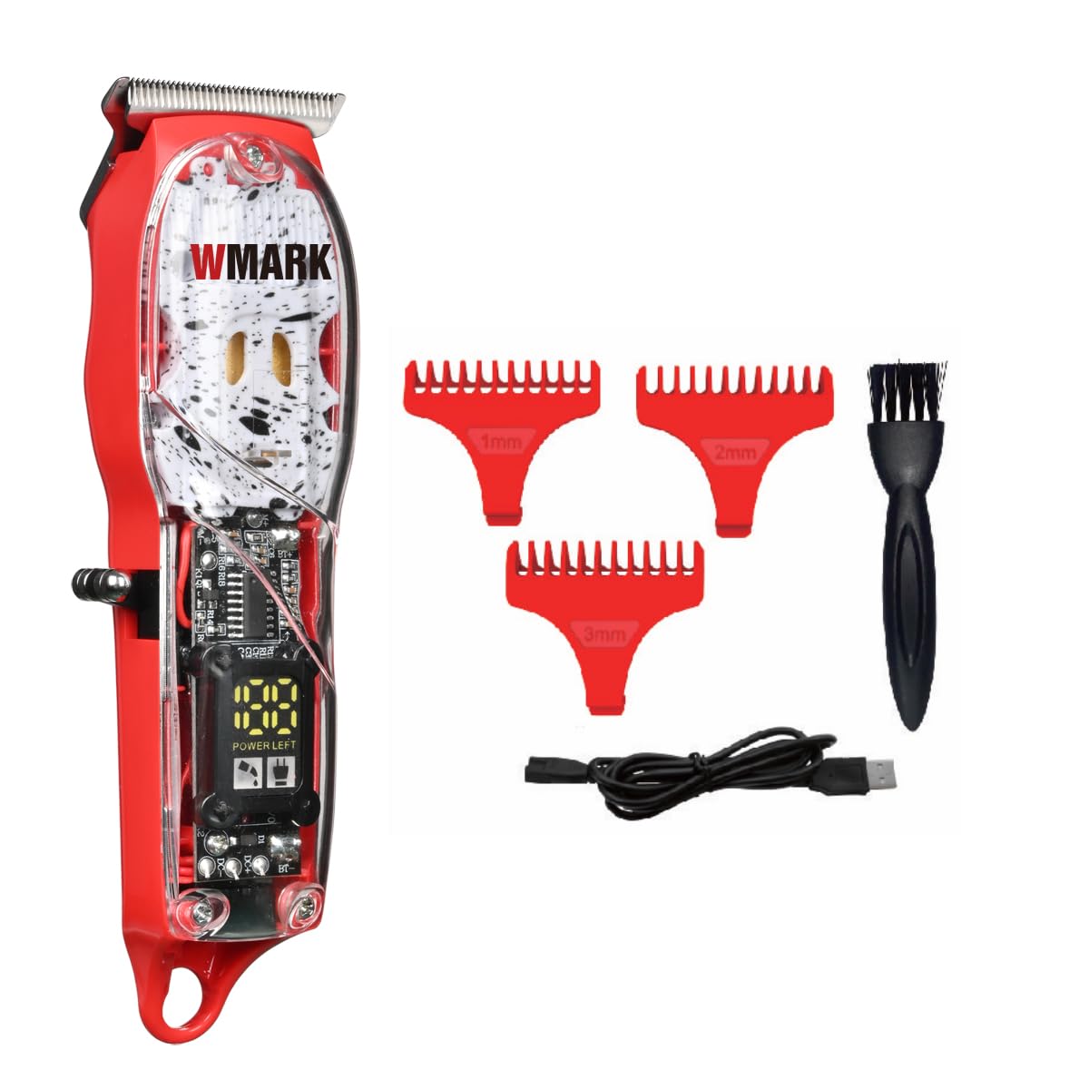 WMARKNG-509 Professional Hair Trimmers for Barbers Stainless Steel T-Blade Trimmers for Men Cordless Hair Trimmers 0.1mm Zero Gapped 6500rpm High Speed Transparent Sunrise Red Gift for Men NG-509