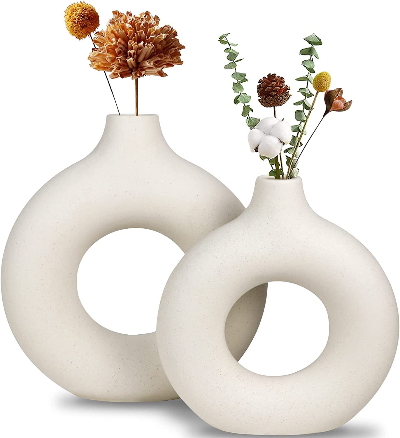 White Ceramic Vase Set for Modern Home Decor,Round Matte Pampas Flower Vases Minimalist Nordic Boho Ins Style for Wedding Dinner Table Party Living Room Office Bedroom, Decorative Gift (2PC (M+L))