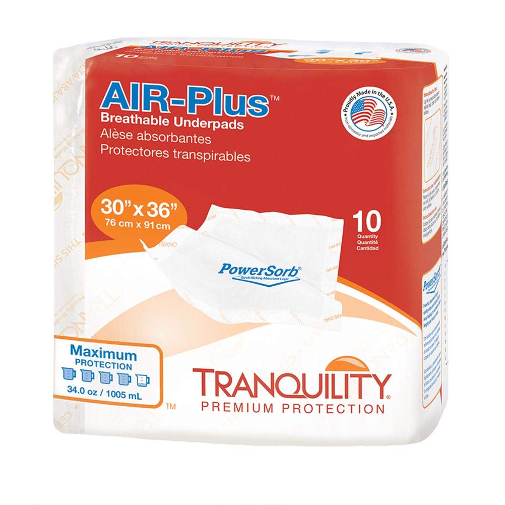 TRANQUILITYAIR-Plus Breathable Underpads, 30"x36" 40ct Case, Incontinence Pads with Ultimate Air Circulation, PowerSorb Design to Lock-in Fluids, Ideal for Low-Air-Loss Bed Systems