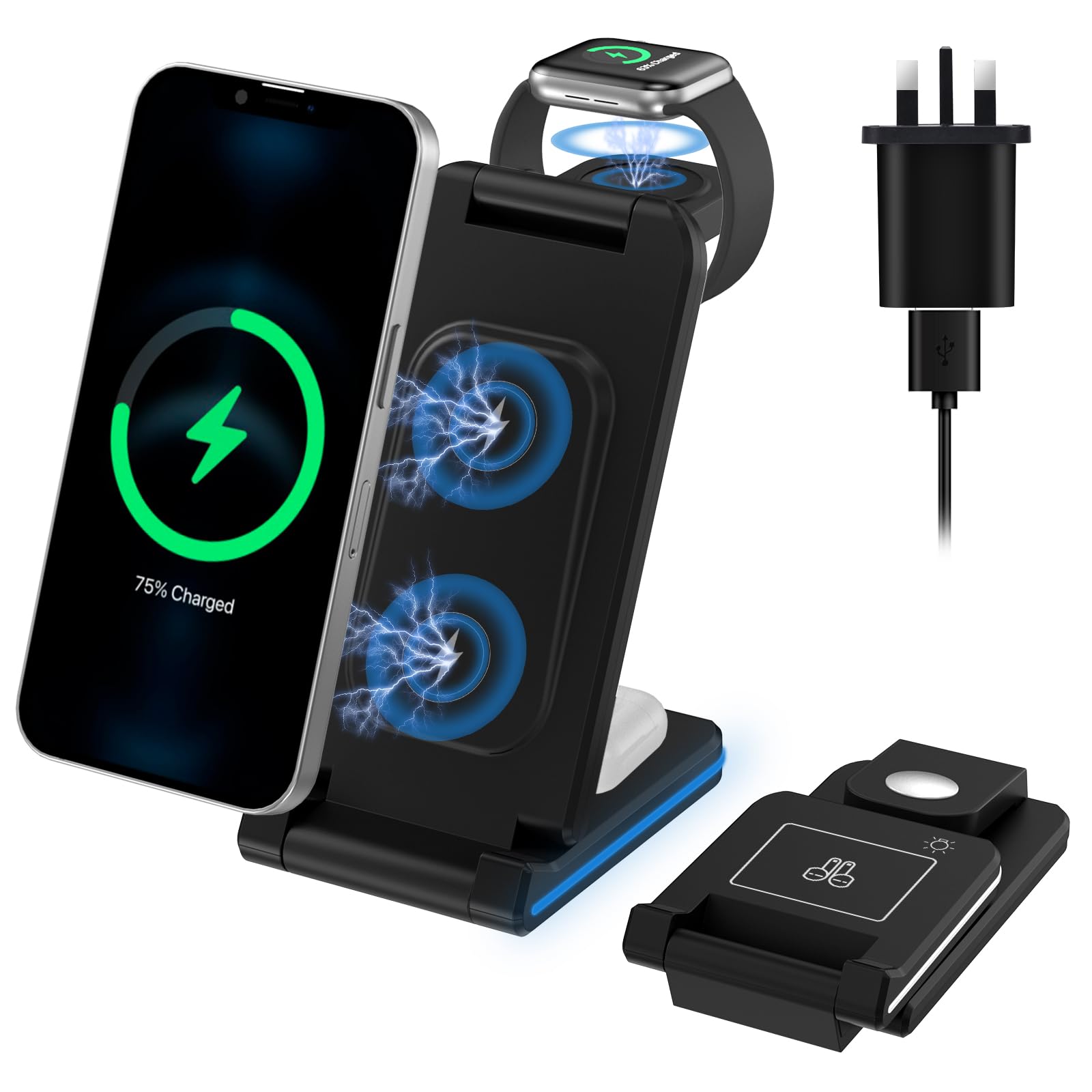 4 in 1 Wireless Charging Station 18W Wireless Charger Fast Foldable Stand fit for iPhone15/14/13/12/11/X/8 Max/Pro, Samsung S22/S21/S20, Apple Watch 2-9, Airpods 2/3/Pro, with Adapter