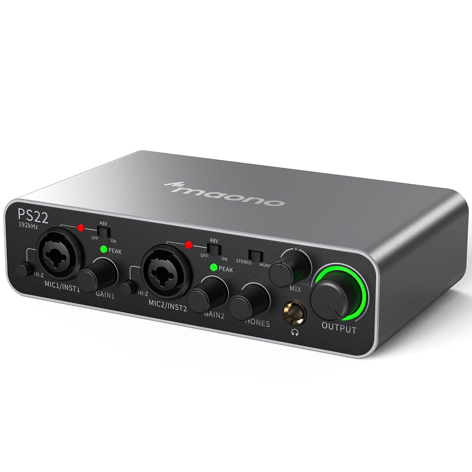 MAONO USB Audio interface for PC with 60 dB Pro-preamp, 24bit/192kHz, Dual USB interface for PC&Smartphone, Routing Software for Home Recording, Music Production, Guitar, Podcast, Streaming(PS22)