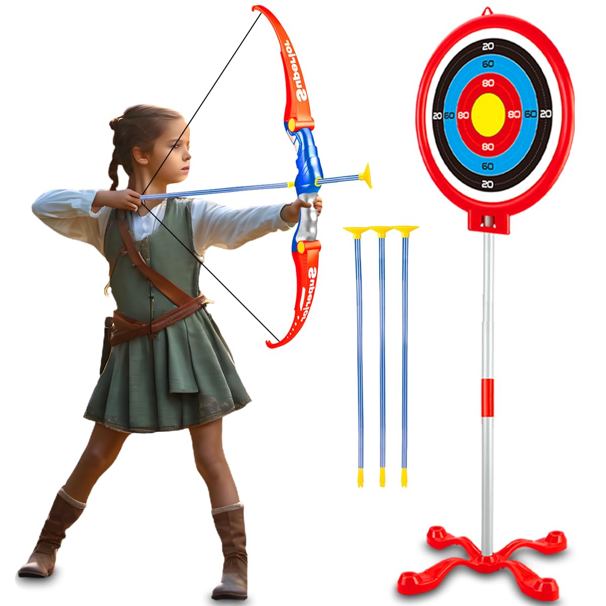 Xwin Sportseries Kids Archery Set with Suction Arrows and Adjustable Bow String, Complete Shooting Set with Target Stand for Ages 5-12