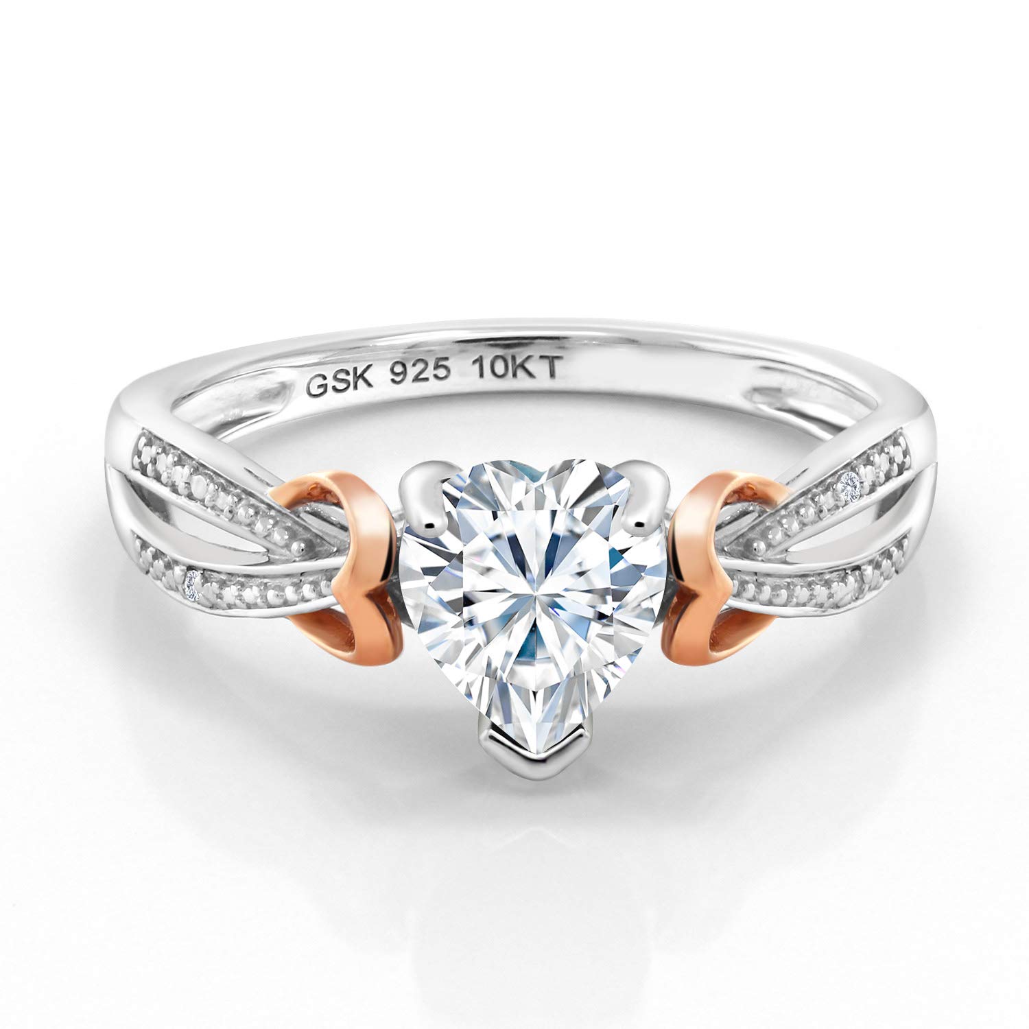 Gem Stone King925 Silver and 10K Rose Gold White Moissanite and White Diamond Women Solitaire with Accent Stones Ring (0.81 Cttw, Heart Shape 6MM, Available in size 5, 6, 7, 8, 9)