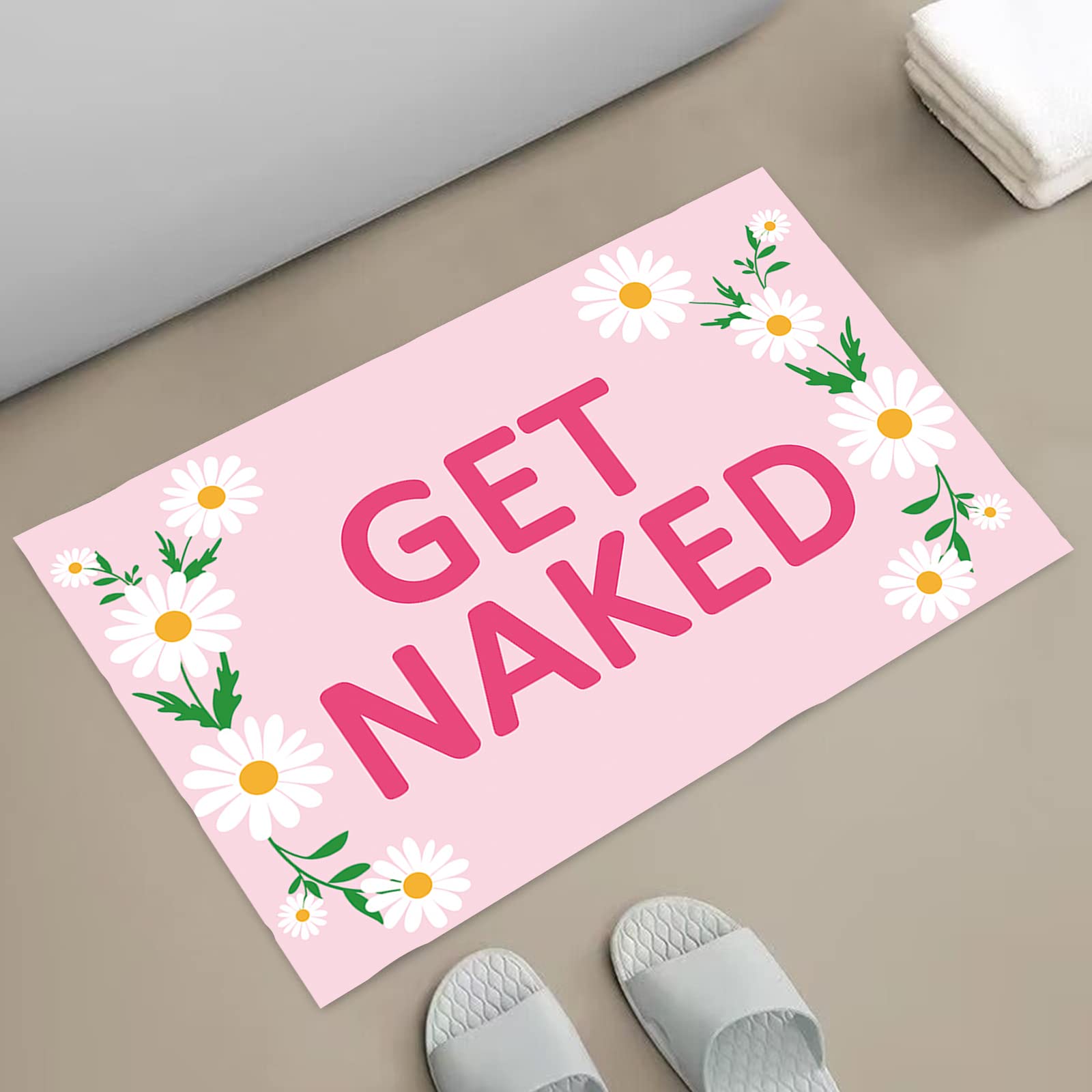 APROPHIC Pink Bathroom Rugs Non Slip Quick Dry Get Naked Bath Mat Cute Daisy Flower Printed Absorbent Ultra Thin Bathroom Rugs Fit Under Door Sink Washable 16'*24"