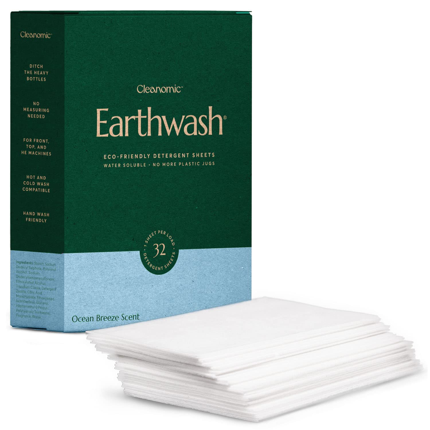 Earth Wash Laundry Sheets, Ocean Breeze (32 Loads), The Perfect Hypoallergenic Eco-Friendly Plastic Free Detergent Strips, Ideal for Travel/Home Use. Biodegradable-Easy Dissolve, True Eco-Wash