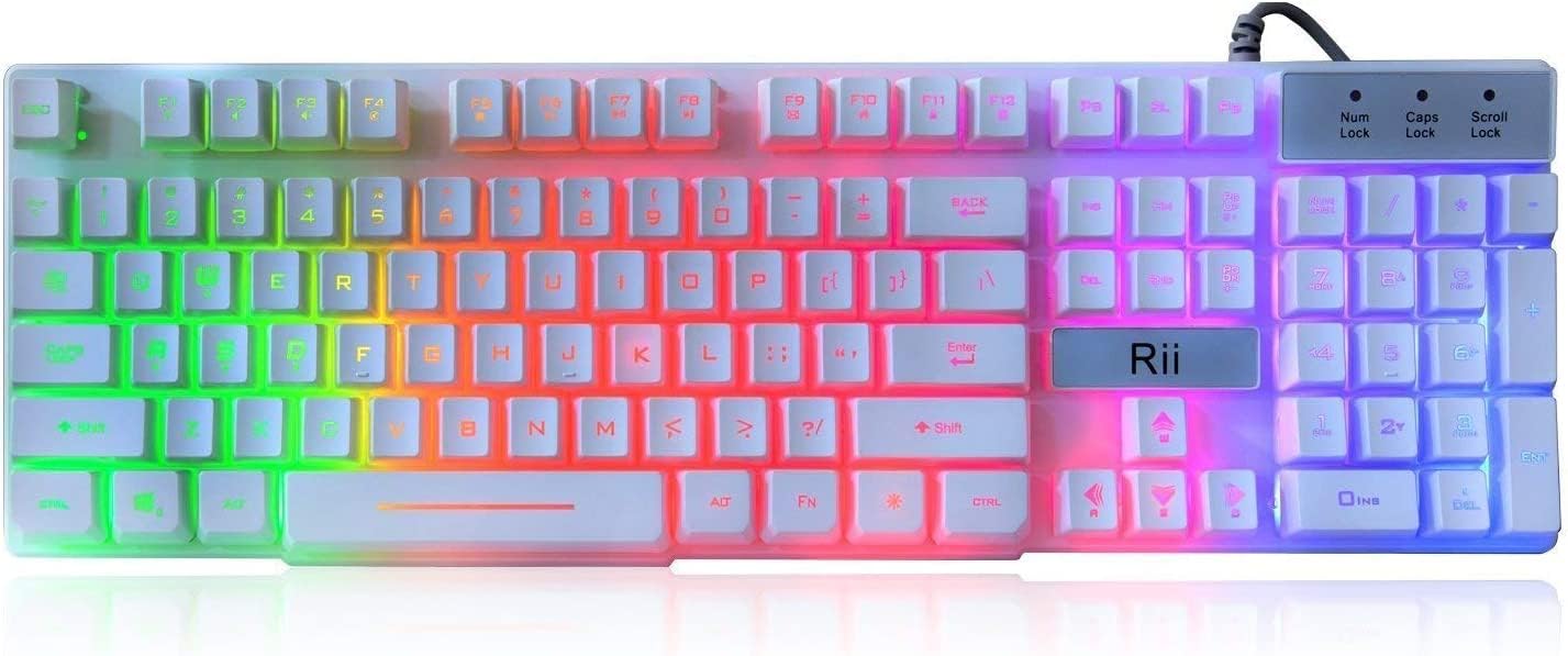 Rii RK100+ White Gaming Keyboard,USB Wired Multiple Colors Rainbow LED Backlit Large Size Mechanical Feeling Ultra-Slim Multimedia Office Keyboard Non-Slip for Primer Gaming and Working,Office Device