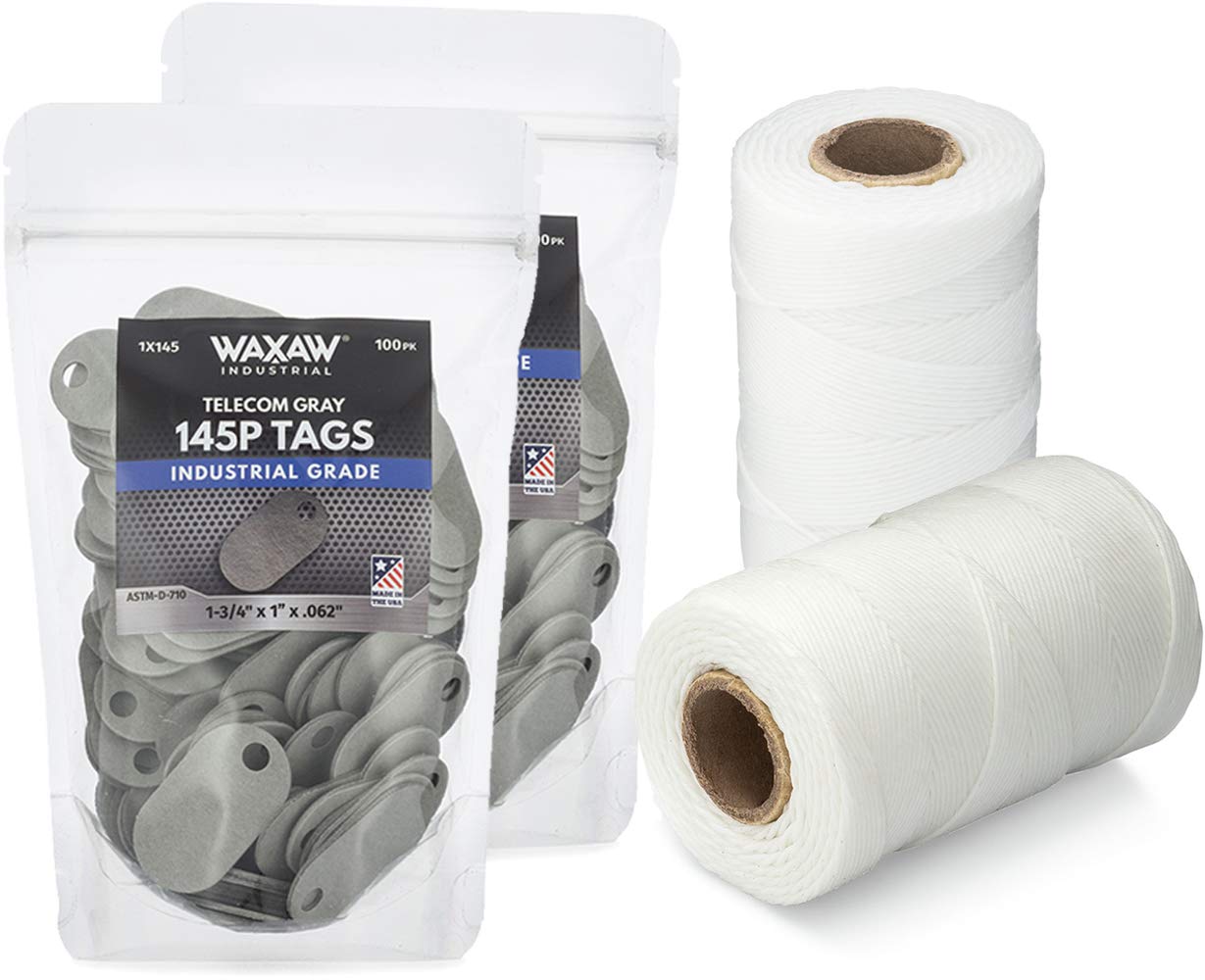 2-EACH: 145P Telecom Fiber Tags (100 PK) & Waxed Lacing Cord Twine 8oz Cable Tie Down Bundle