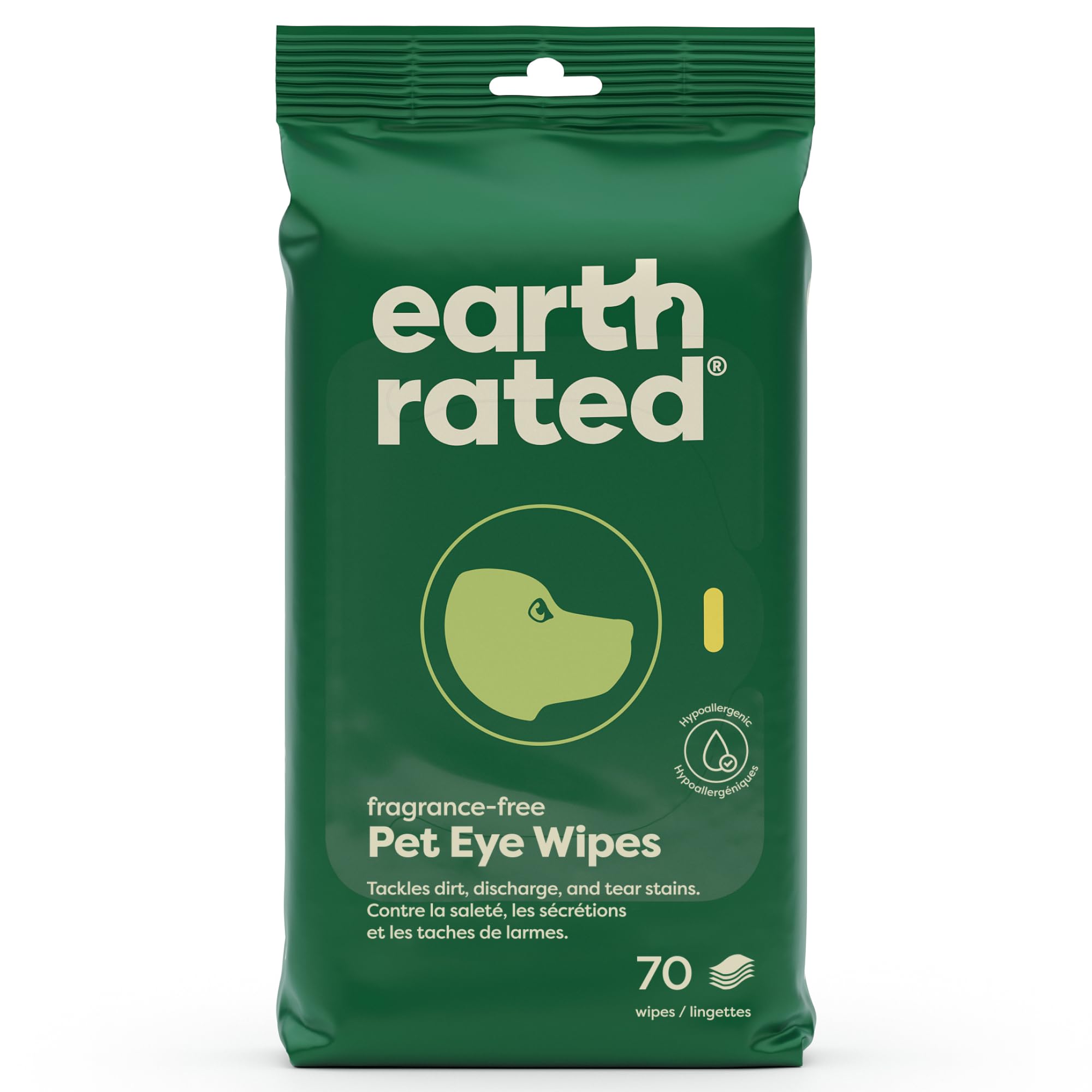 Earth Rated Pet Eye Wipes, Hypoallergenic Eye Wipes for Dogs & Cats to Reduce Tear Stains & Eye Discharge, Fragrance Free, 70 Count