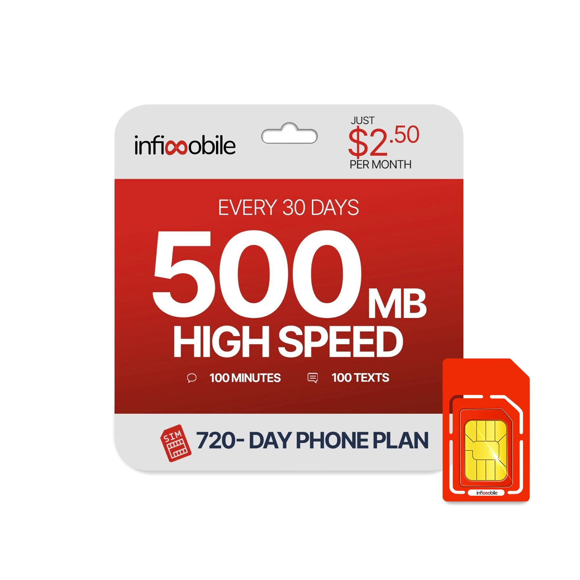 $3/Month | Infimobile Prepaid Plan: 24 Months | 500MB High-Speed Data Per Month | 100 Min Talk + 100 Text | Prepaid Plan Service SIM Card | Nationwide Coverage | 4G, 5G Network