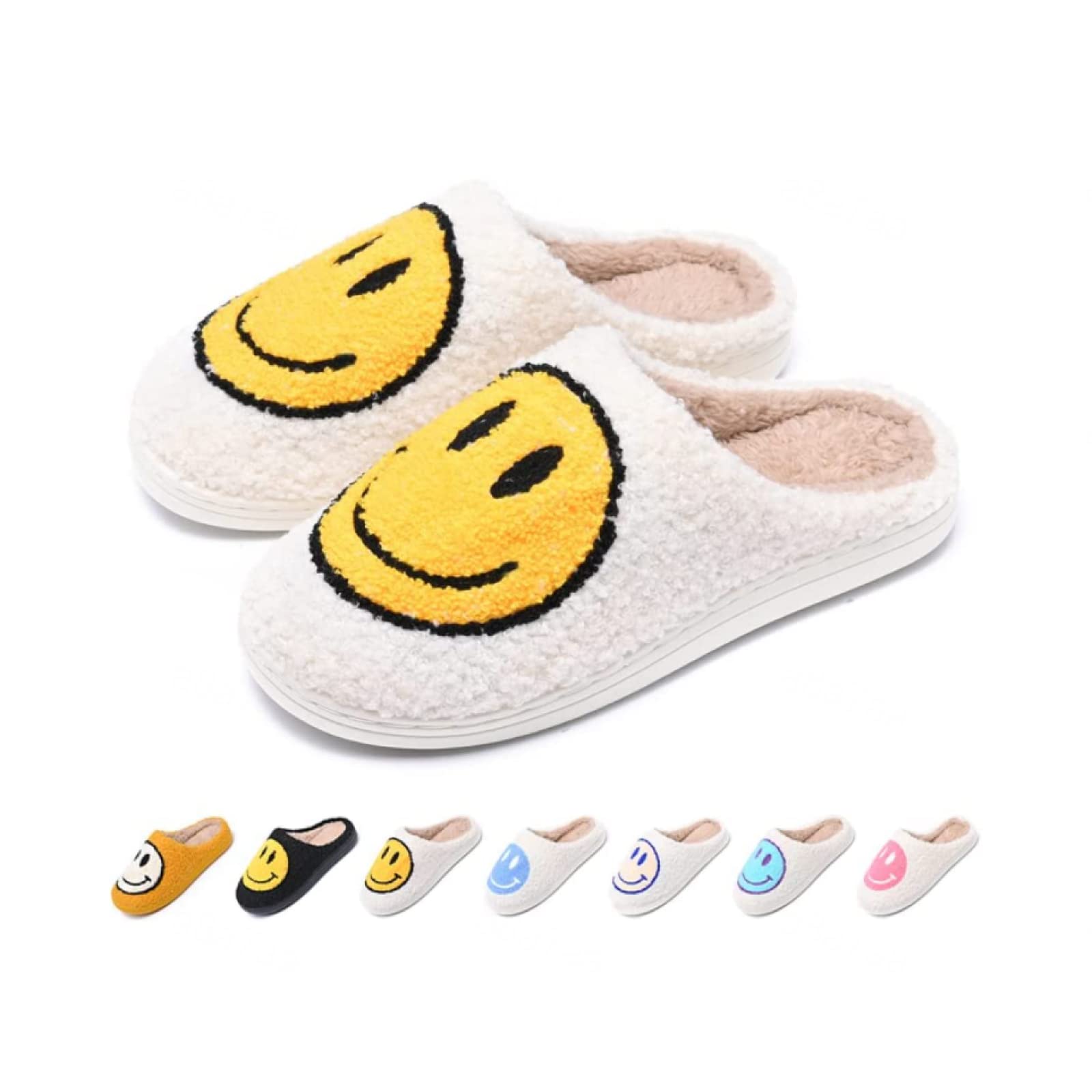 NiRhENiRhE Comfy Smiley Face Cozy Plush Warm Slide on House Slipper with Memory Foam Home Slip-on Fur Slippers Cushioned Indoor Outdoor Clog Slipper for Women Men Girls Boys,A-42/43EU