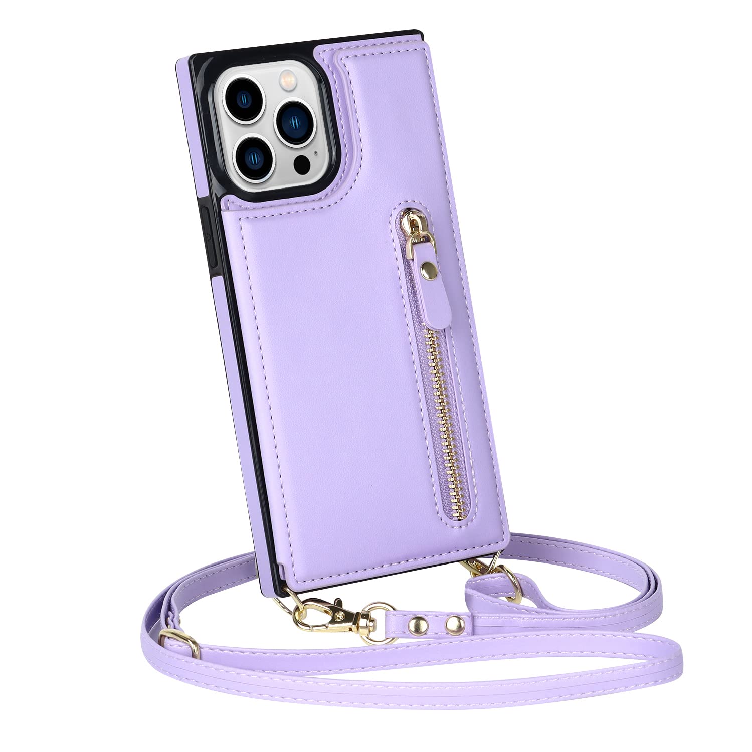 SZHAIYU Zipper Wallet Purse for iPhone 13 Pro Max Crossbody Case with Credit Card Holder Strap Lanyard 6.7'' Kickstand Flip Leather RFID Protection Women (Purple,13 Pro Max)