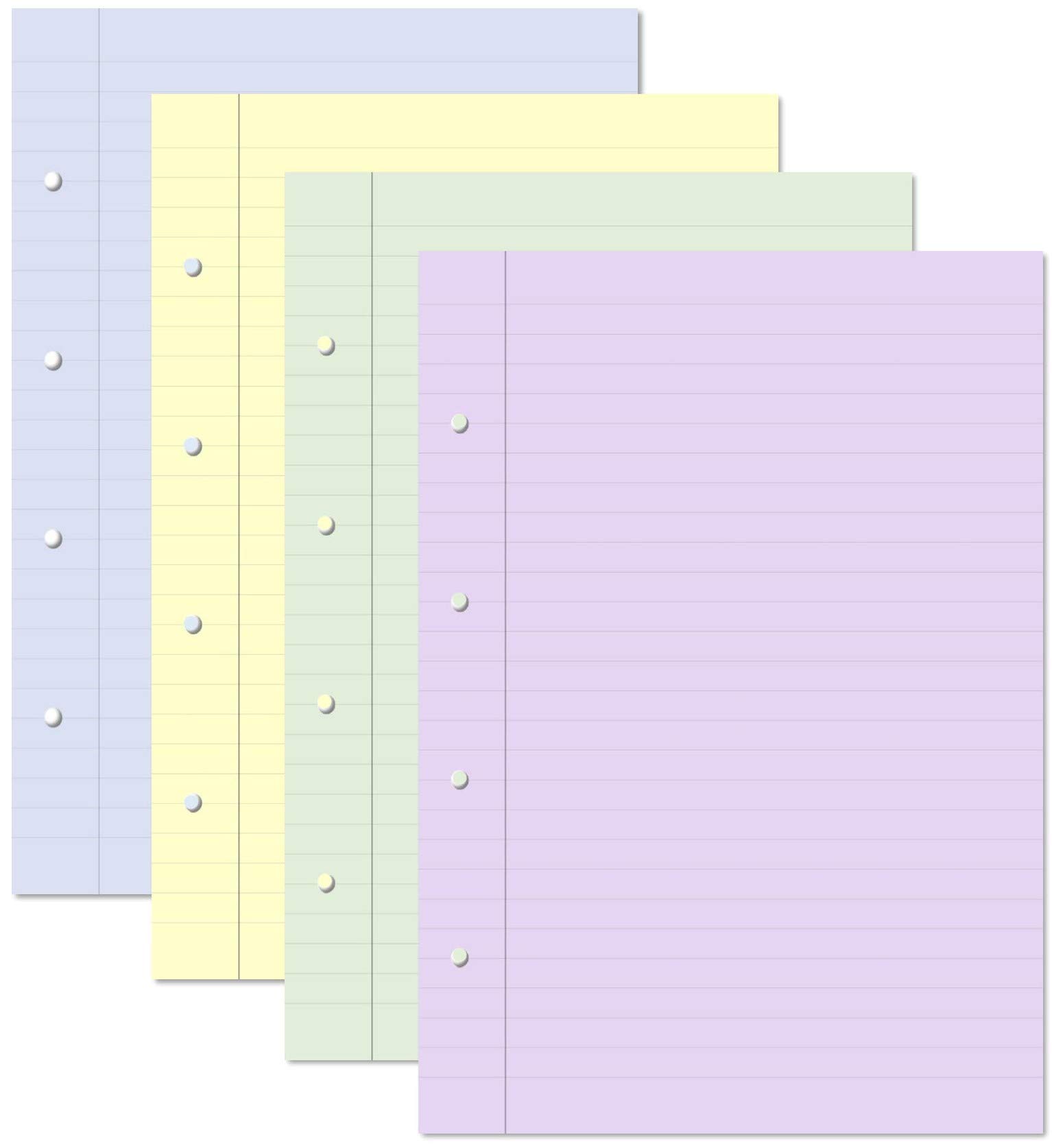 A4 Refill Pack Assorted Colour Lined Notepapers Dyslexia Tinted Writing Paper Ruled with Margin 100 Sheets 4 x 25 Blue Yellow Green Lilac 10mm Lines, 4 Hole Punched