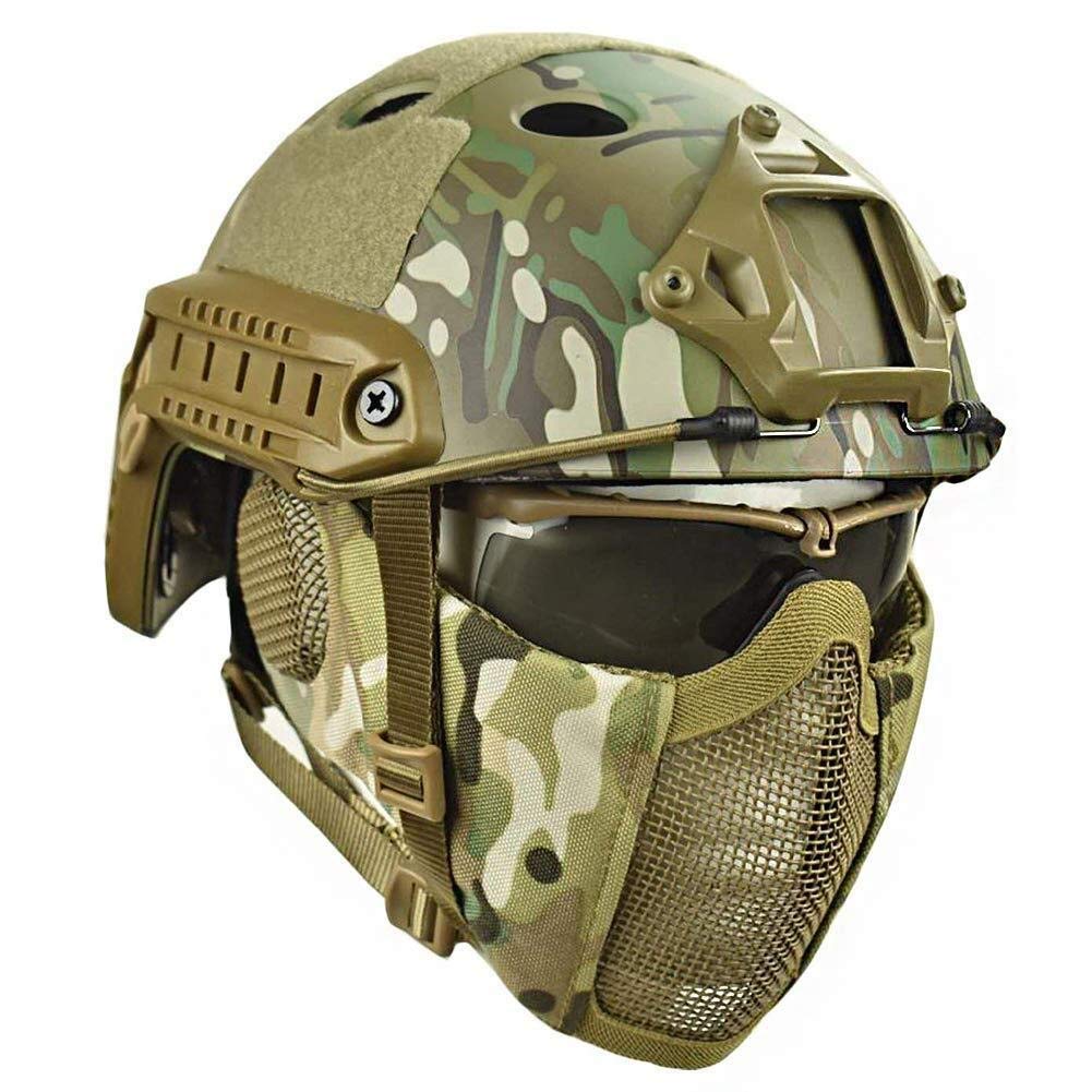 Beewanta Tactical Helmets with Steel Mesh Mask CS Game Set 8 Colors Airsoft Paintball Protective Helmet Jungle Hiding Camouflage Cosplay Game Helmet Gear (Color : CP)