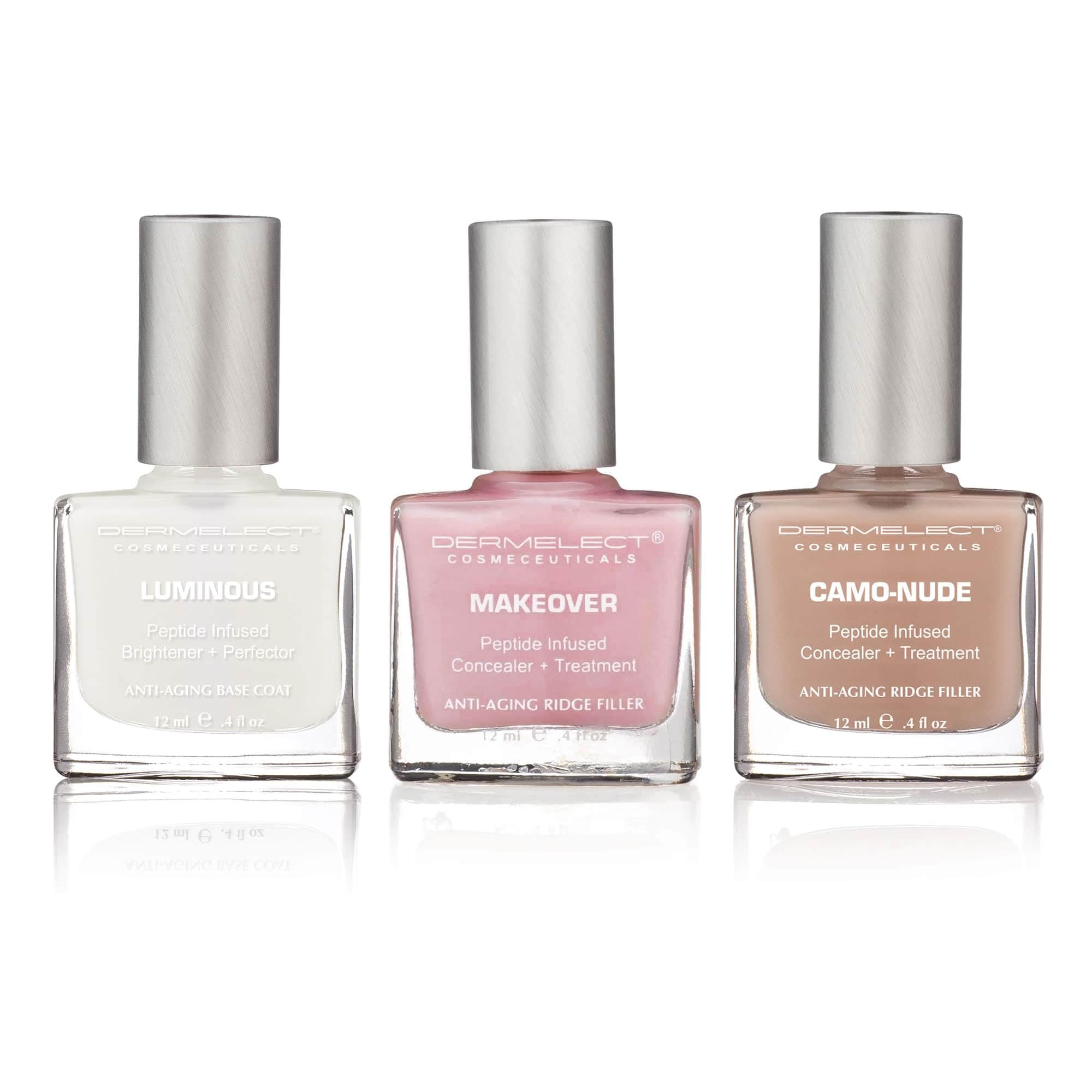 Dermelect Instant Nail Makeover Trio - Luminous Nail Brightener, Makeover Ridge Filler & Camo-Nude Base Coat - Strengthen & Conceal Damaged Nails, Peptide Infused, Nail Repair & Treatment (3 pc Set)