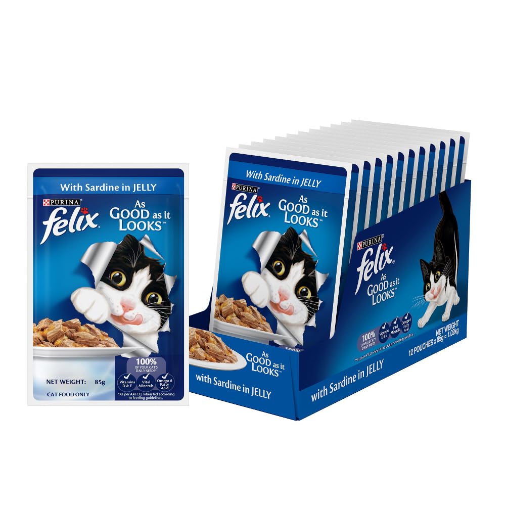 Purina Felix As Good As It Looks Wet Food for Adult Cats|Complete and Balanced Cat Food |Sardine Flavour|Pack of 12 Pouches (12 x 85 g)