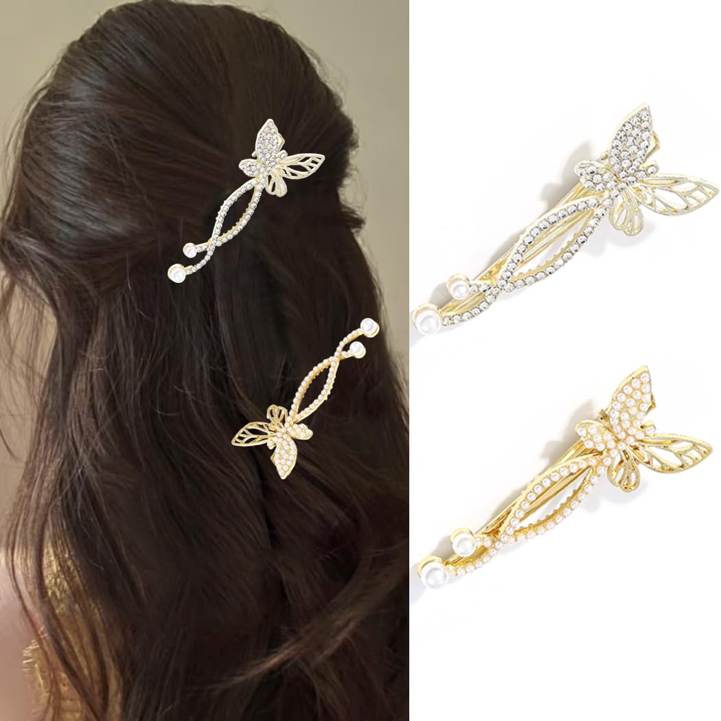 Bartosi Butterfly Hair Clips Gold Pearls Crystal Hair Barrettes Bride Wedding Head Pieces Fashionable Hair Pins Cute Hair Accessories for Women and Girls (Pack of 2)