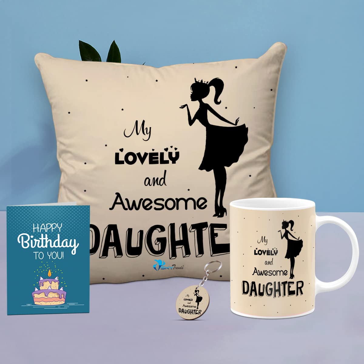 SKYTRENDSHappy Birthday to You Gift for Girls | Gift for Daughter | Birthday Combo Gift Pack of 12 x 12" Cushion Cover with Filler + Printed Coffee Mug +Greeting Card + Printed Key Ring-01