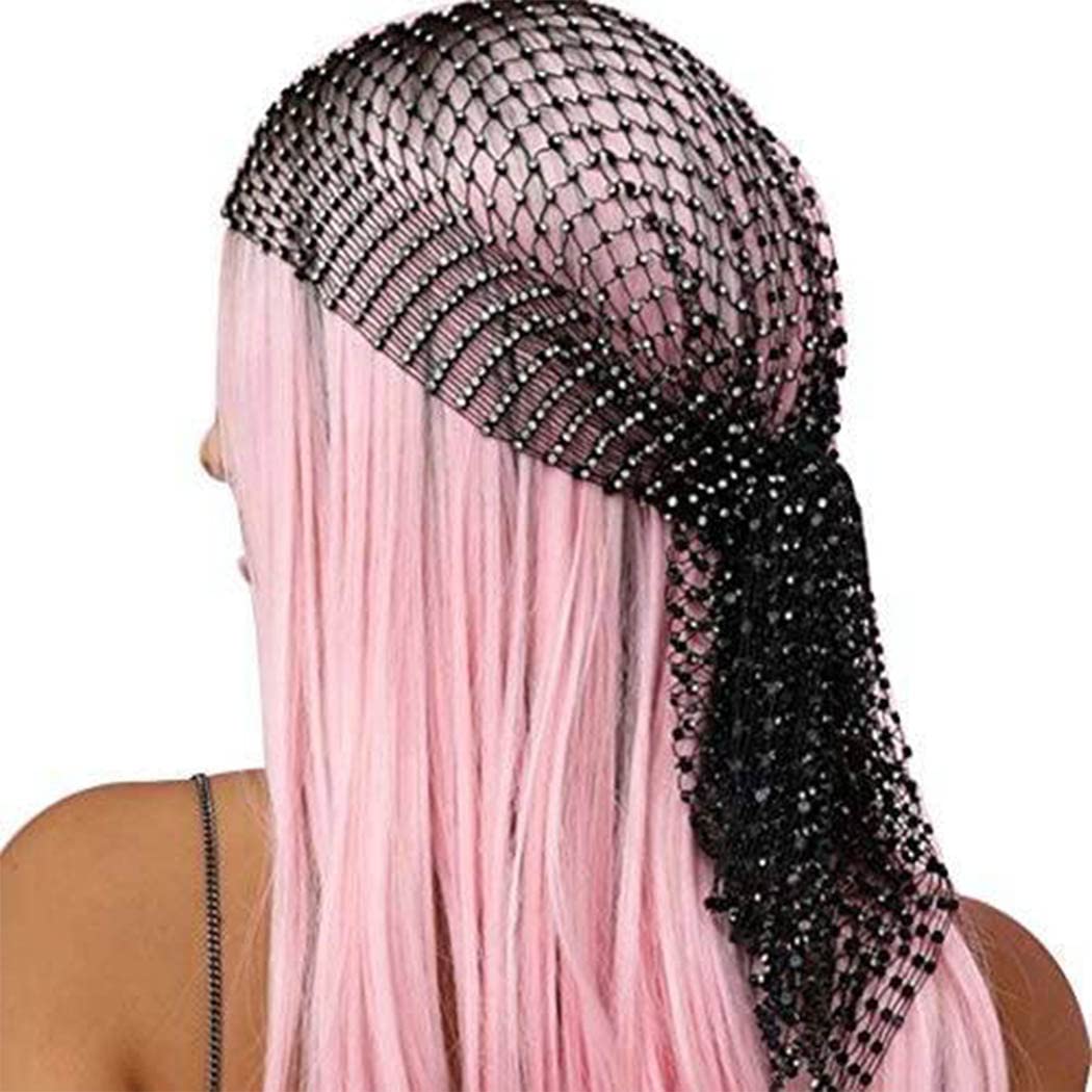 Woeoe Mesh Rhinestone Headband Black Wide Hair Bands Elastic Crystals Turban Head Wraps Nightclub Rave Party Head Scarf for Women and Girls