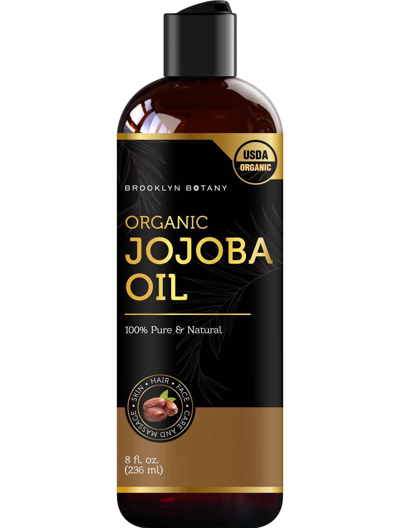 Brooklyn Botany USDA Organic Jojoba Oil for Skin, Hair and Face – 100% Pure and Natural Body Oil and Hair Oil - Carrier Oil for Essential Oils, Aromatherapy and Massage Oil – 8 fl Oz