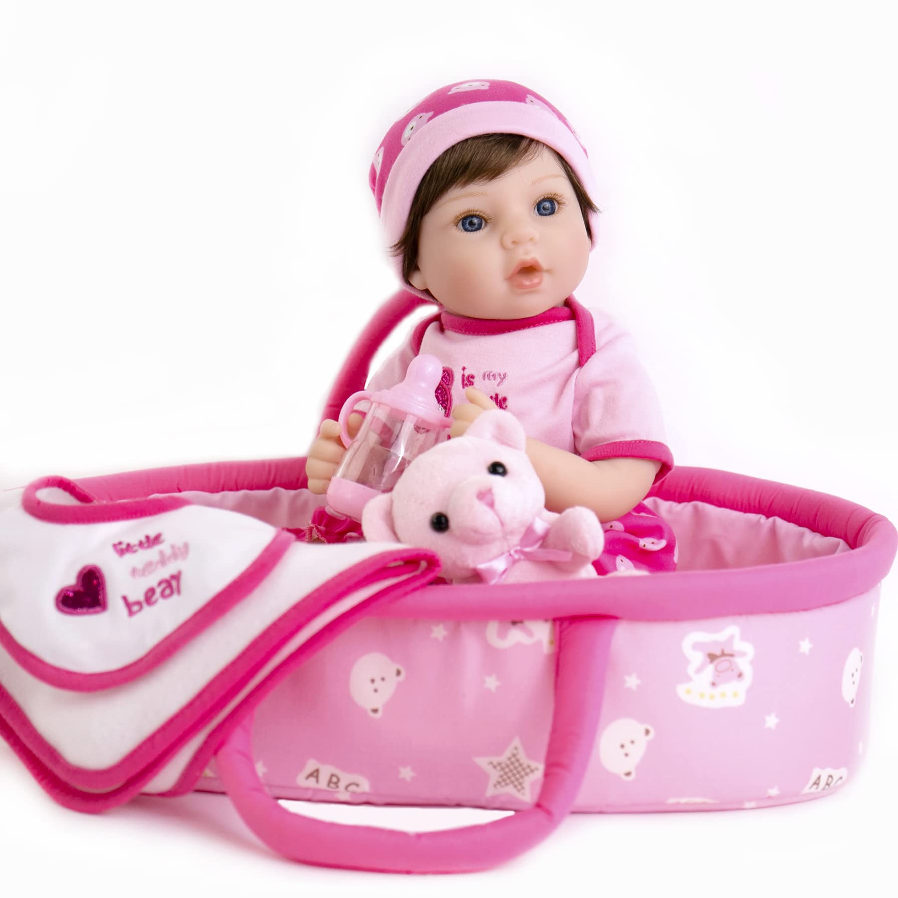 AoriLifelike Reborn Baby Dolls Pink Bassinet 18 inch Realistic Newborn Girl Doll Weighted Body with 9-Piece Gift Set