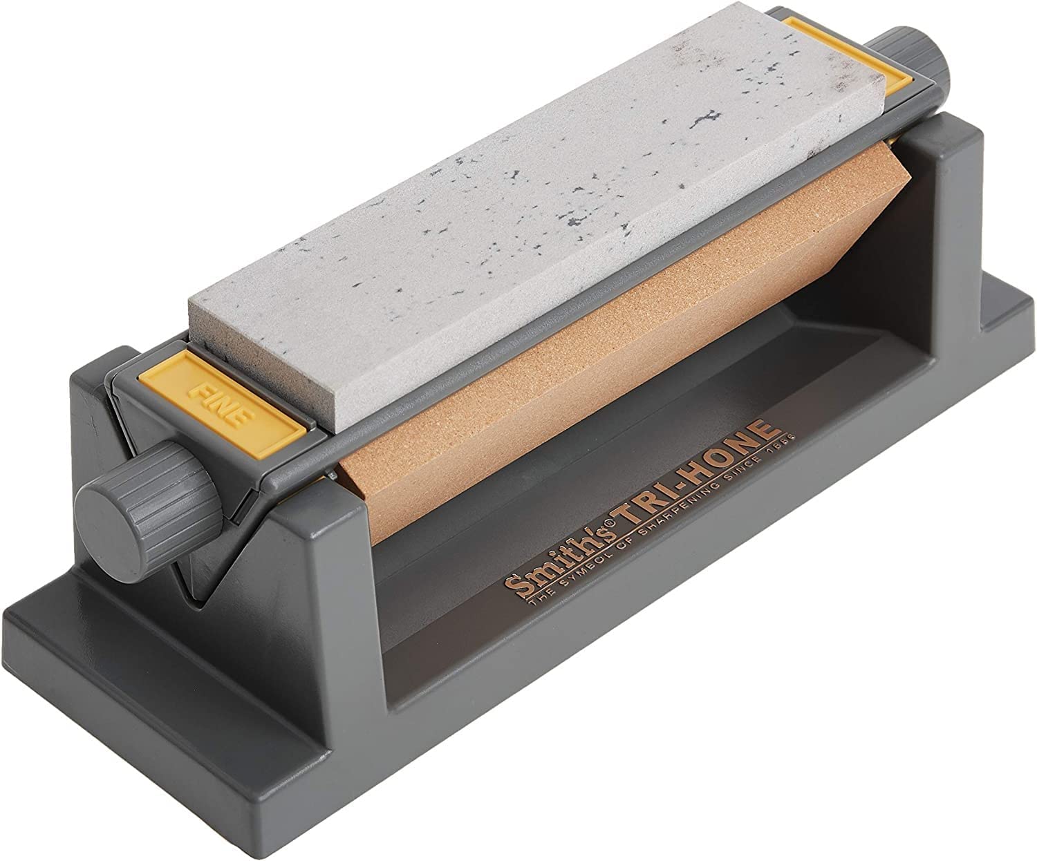 Smith'sTRI6 Arkansas Tri-Hone Stone Sharpening System Grey 6” Fine, Medium, & Coarse Stones 3-Way Honing Nonslip Rubber Feet Restore Tools, Hunting, Kitchen, Fishing & Pocket Knives