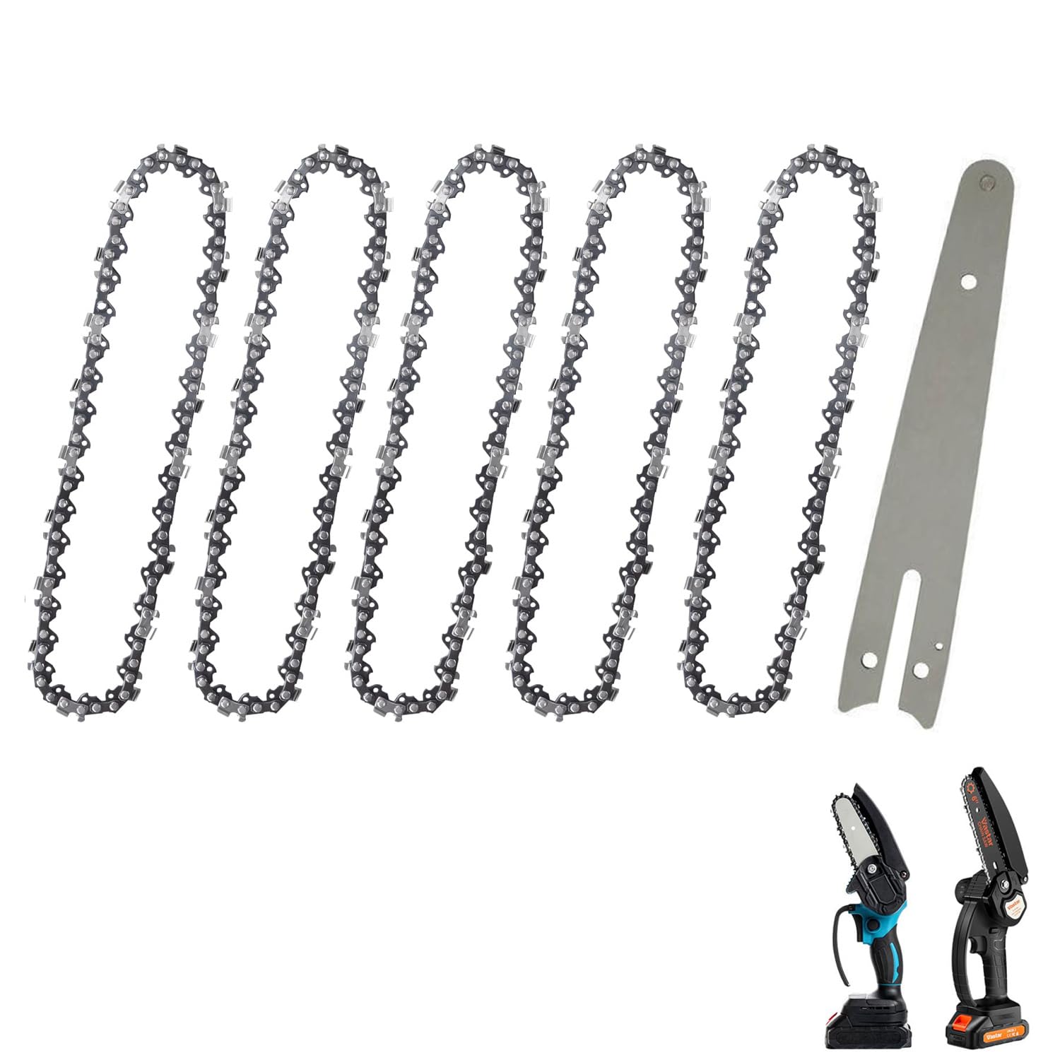 GIONAR 6 Inch Mini Chainsaw Chain Set, 5PCS Replacement Chain Saw Chains with Chainsaw Guide Bar for Portable Mini Chainsaws, Steel Chainsaw Blade for Wood Cutting (37 Drive Links)