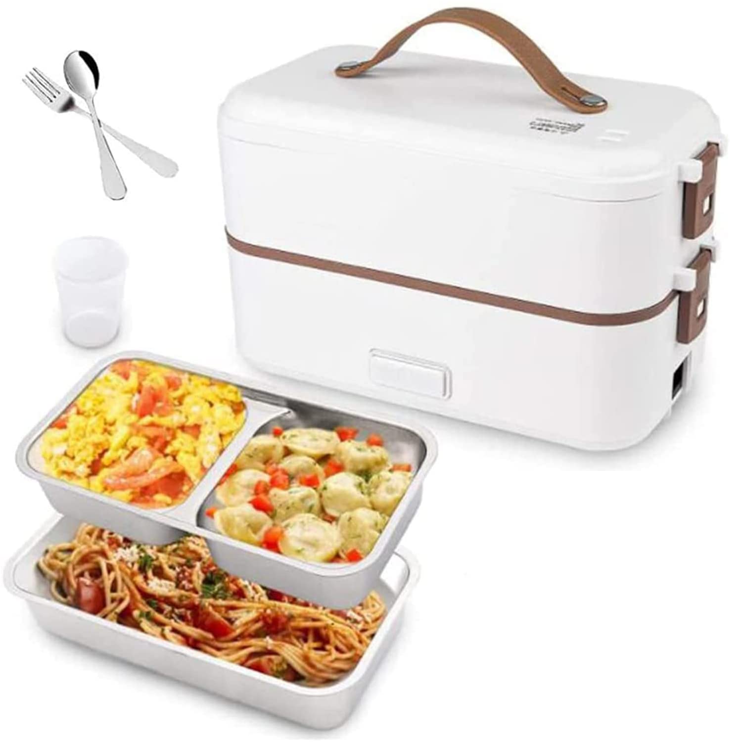 Beauenty Electric Lunch-Bento Box Container -304 Stainless Steel with Removable Compartments Heater For Adult Kids Lunch Warmer in Office/Home/Travel Rice Cooker 220v with Spoon (2 Layers, WHITE)