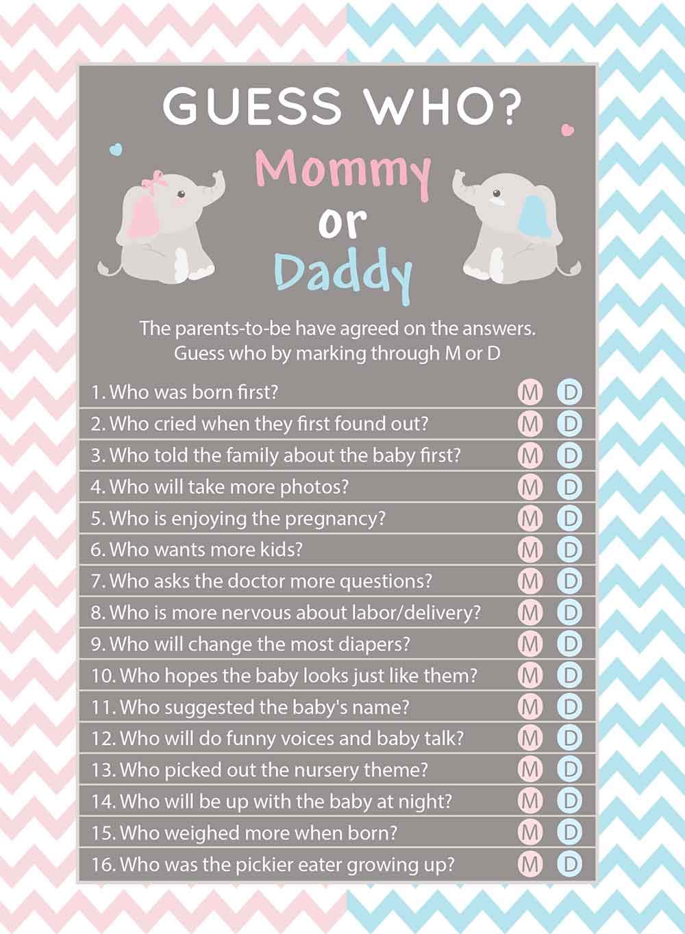 Digitaldoodlebug Baby Shower Game 5x7 inches Set of 25 (Blue Elephant, Mom or Dad)