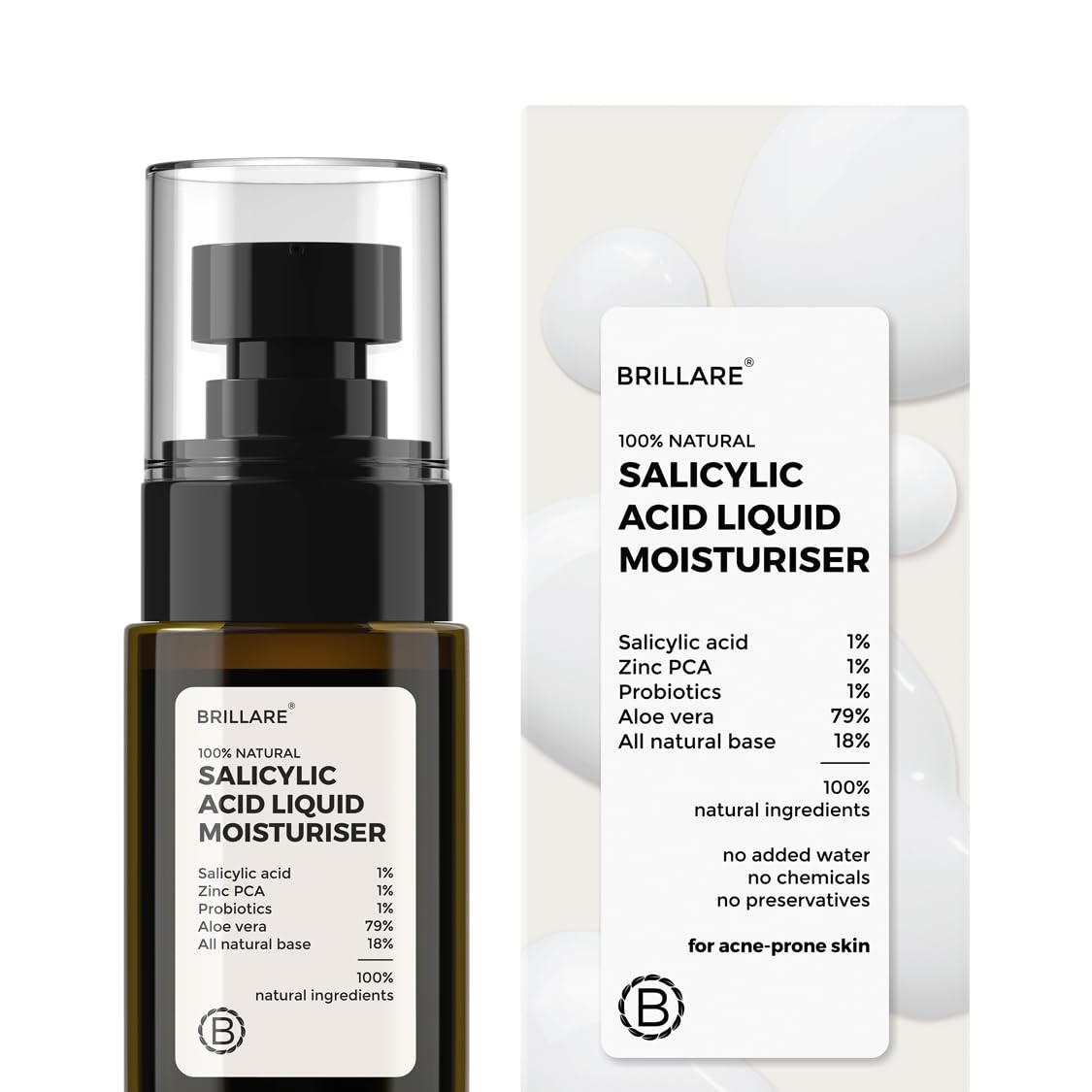 Brillare Salicylic Acid Liquid Moisturiser For Clear, Acne Prone Skin,100% Natural Probiotics With Salicylic Acid and Zinc, Helps Remove Dead Skin Cells, Lighten Dark Spots