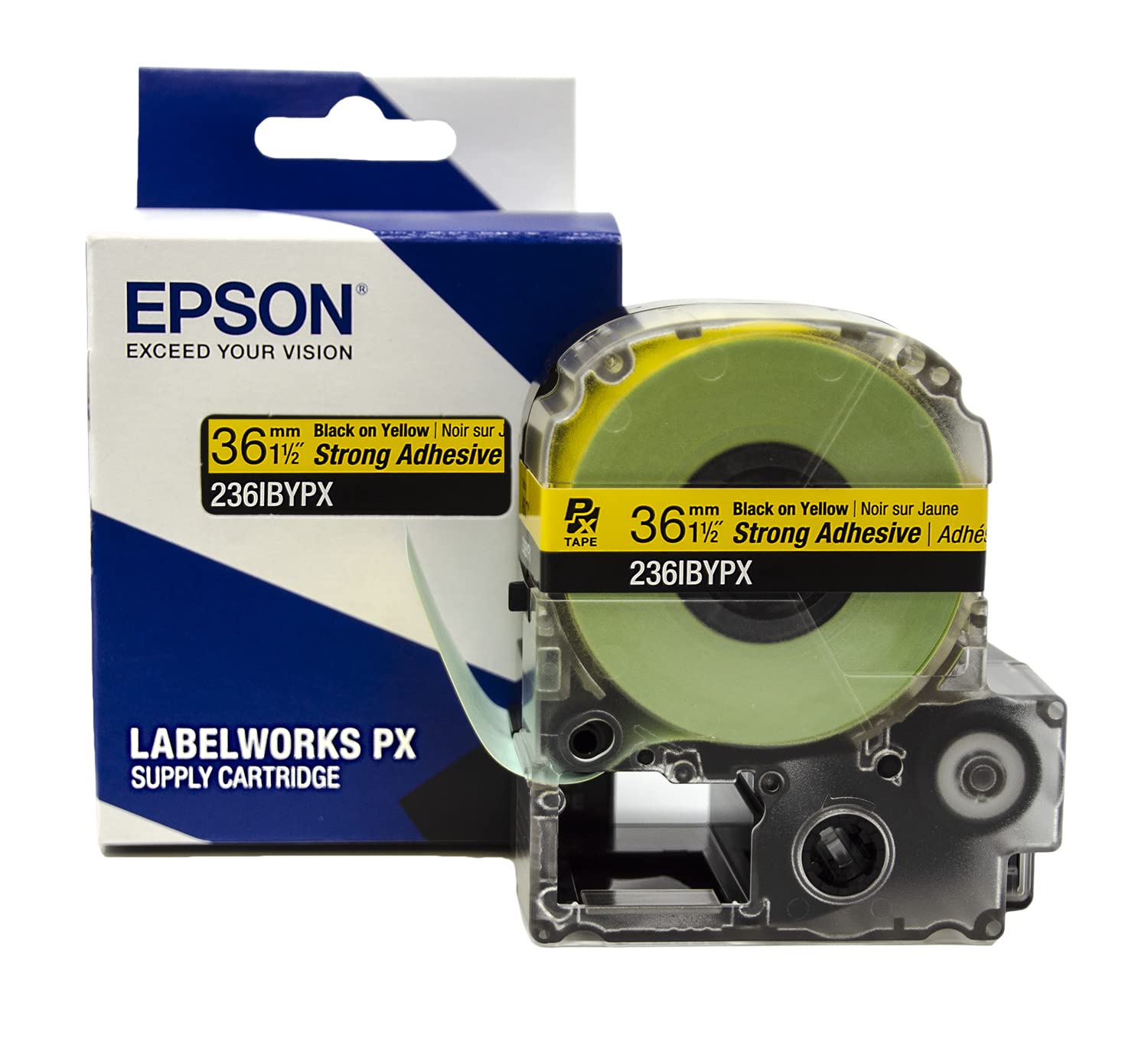 Epson LABELWORKS 236IBYPX PET (Polyester) Tape Cartridge - Black on Yellow Strong Adhesive Standard Industrial Label Maker Tape - 1.5" (36MM) Wide, 30'